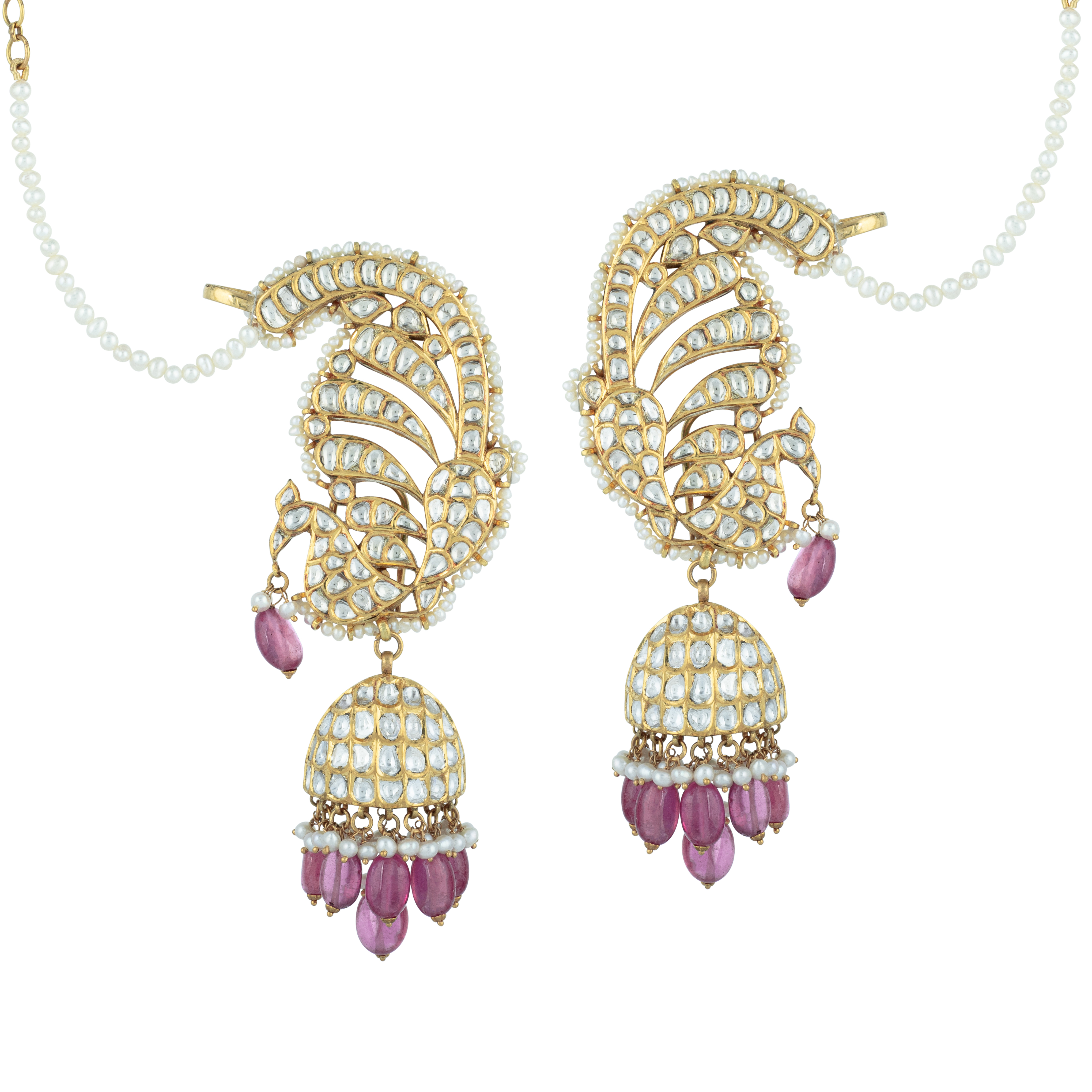 Peacock Polki Cuff Earrings with Pink Bead Jhumki Drops