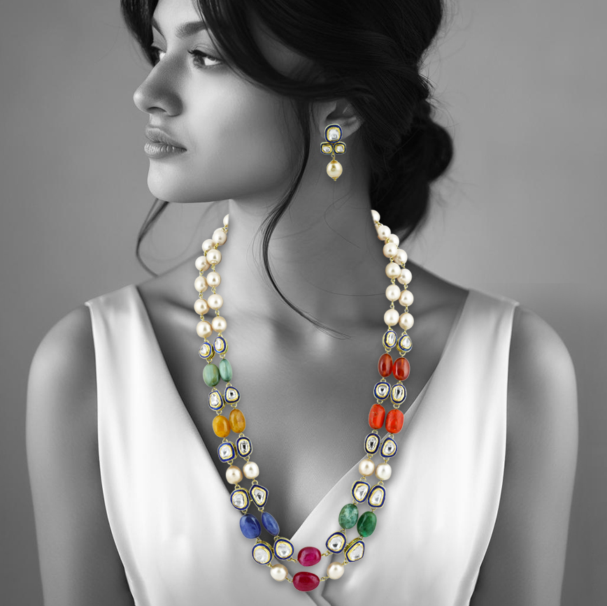 Navratan Necklace Set with Double Layers of Pearls and Gemstones