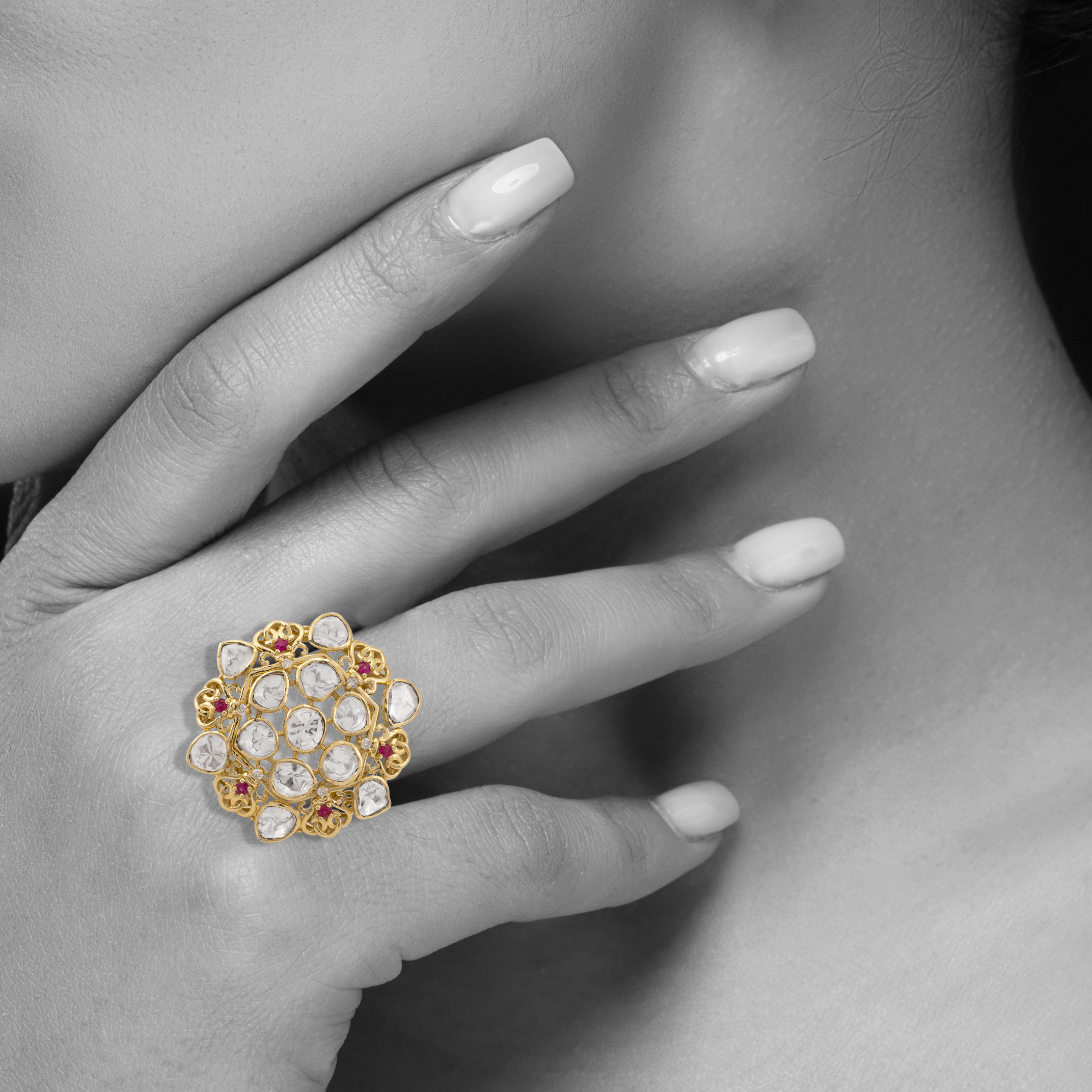 Uncut Diamond Flaura Polki Ring with Red Spark