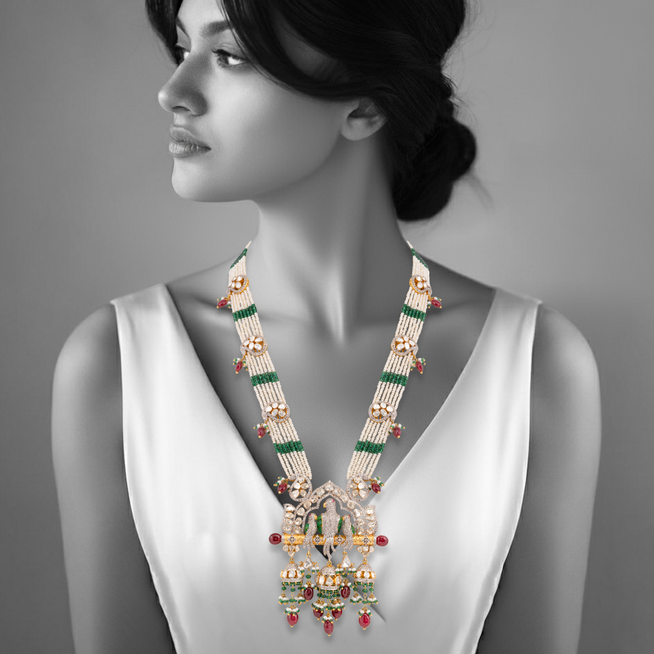 Culture Pearls and Emerald Necklace with Bird Motif Pendant