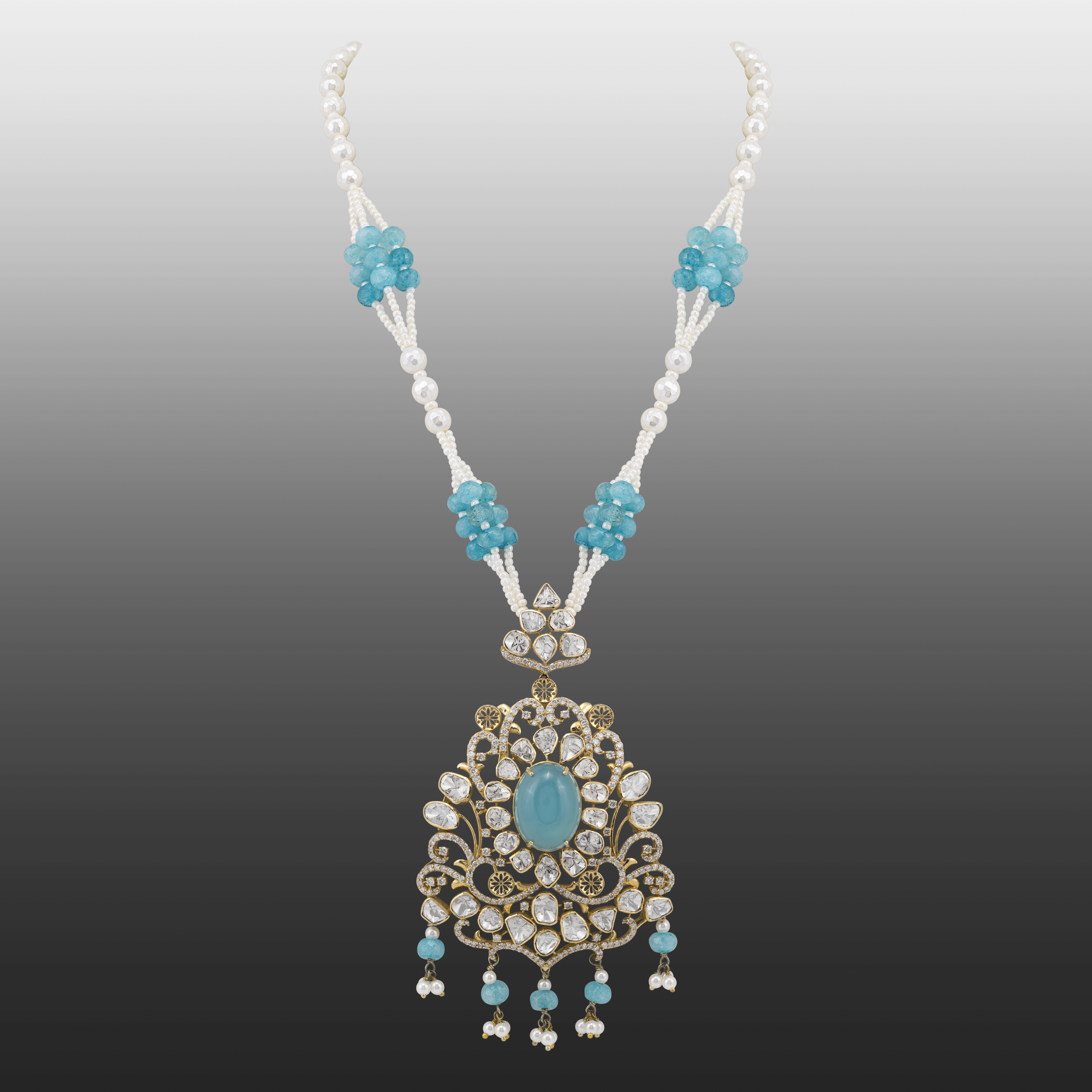 Aqua Pendant Necklace with Pearl and Polki Details