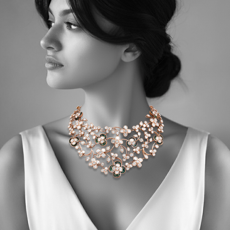 Green Enamel Polki Floral Necklace with Diamond Accents