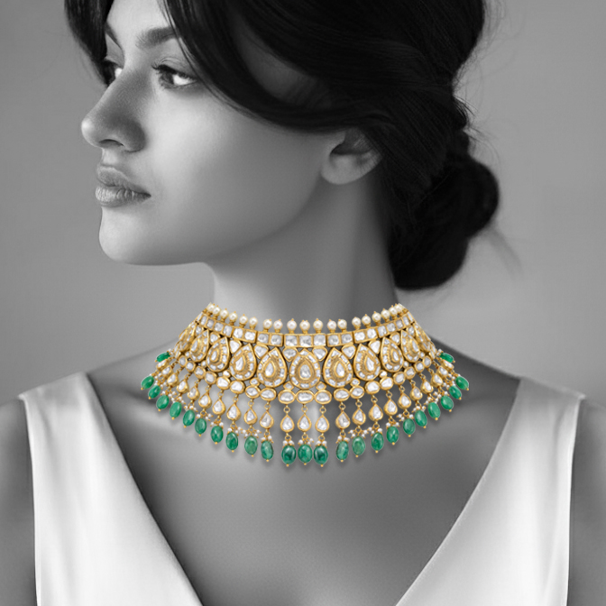 Bridal Pear Polki Choker with Emerald Maniya and Pearl Fungar