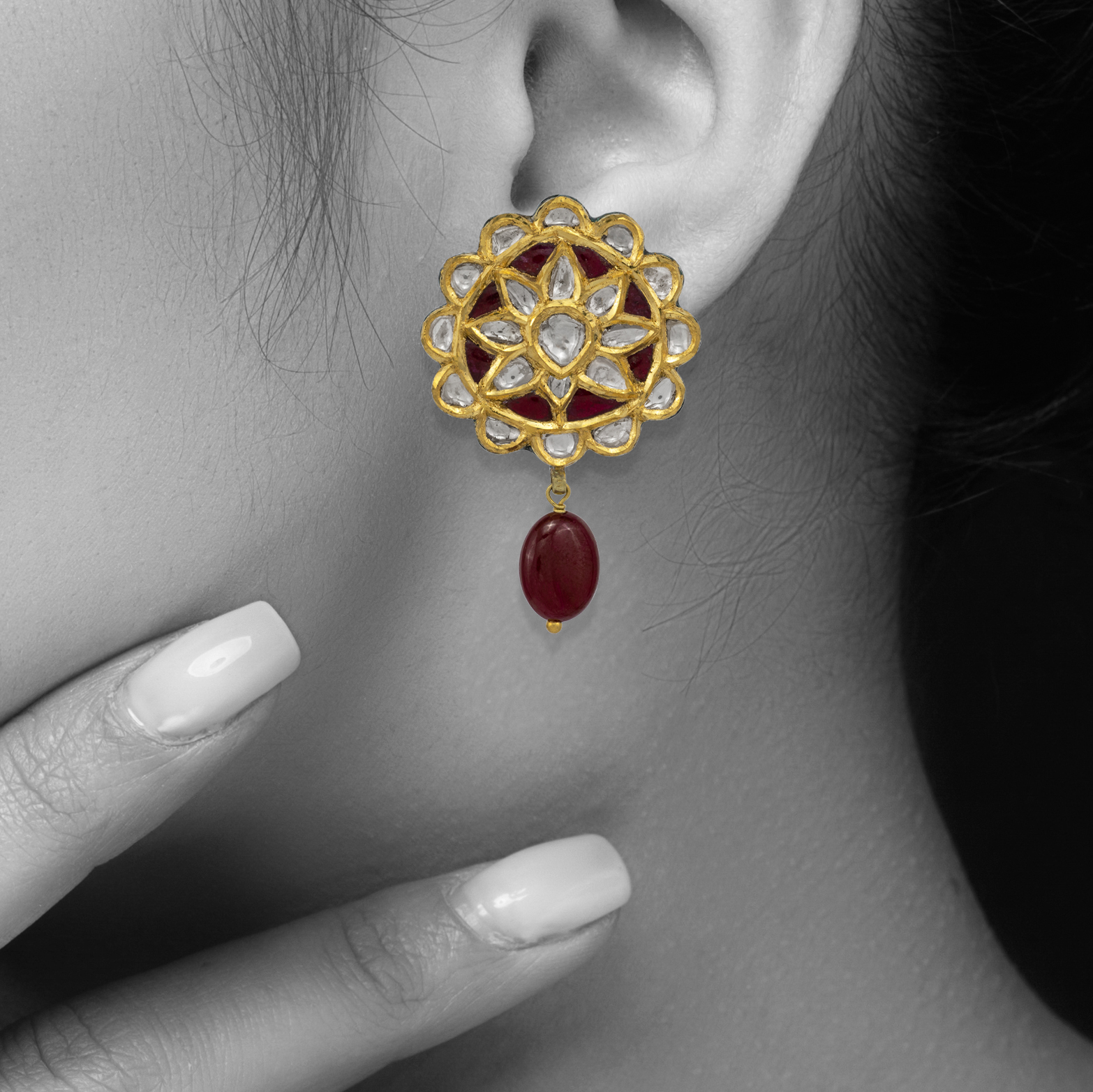 Ruby Drop Studs with Red Talaf Floral Polki