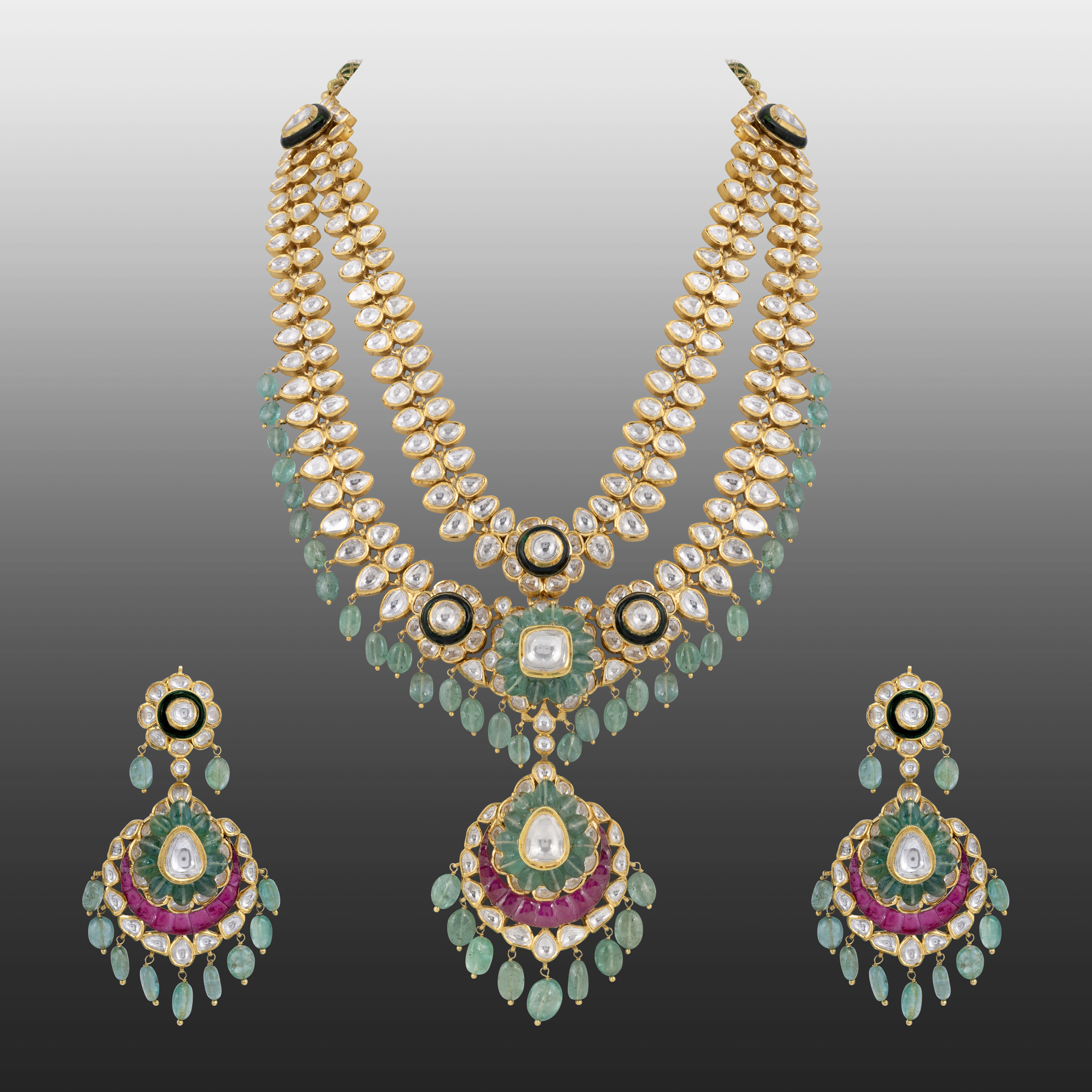 Two-Layer Polki Bridal Set with Ruby Talaf & Emerald Drops