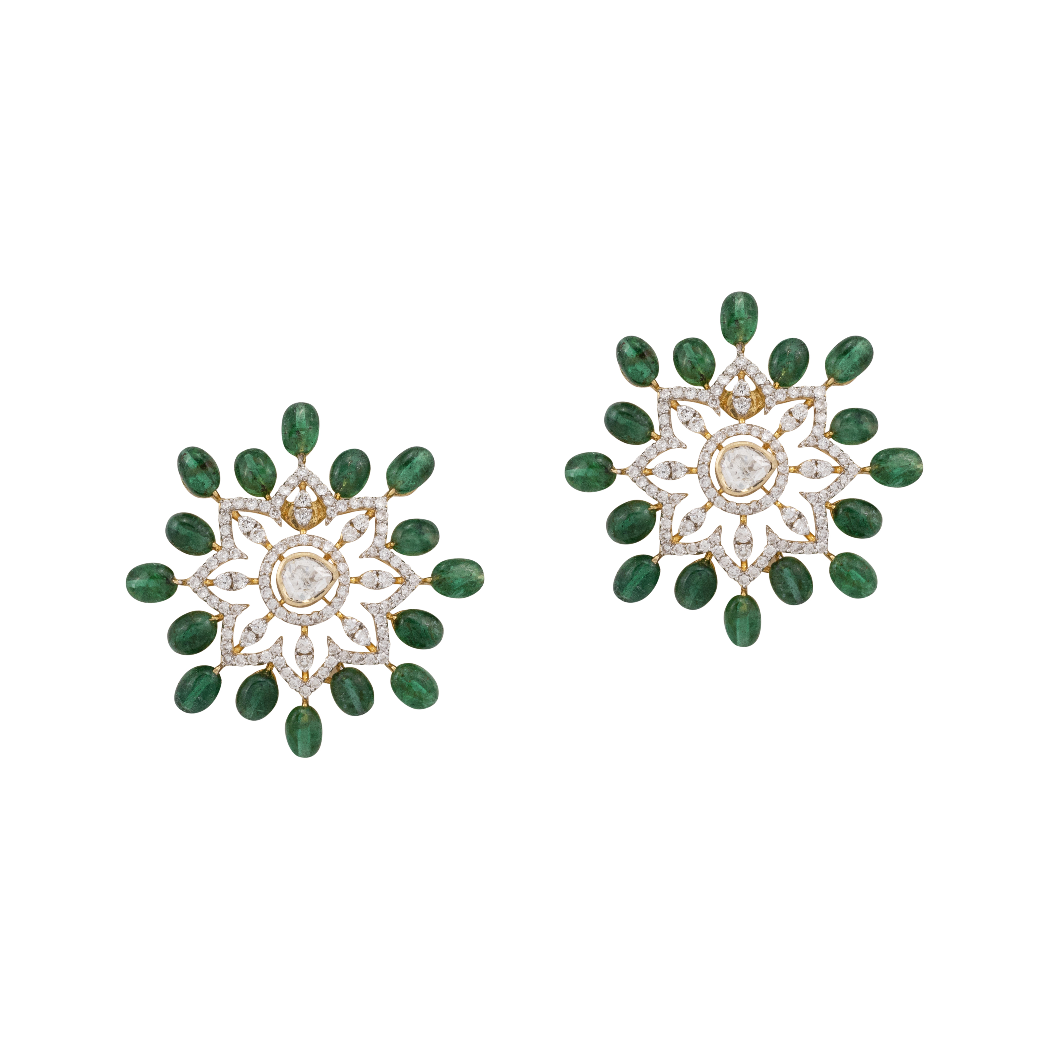 Floral Diamond Studs with Emerald Bead Accents