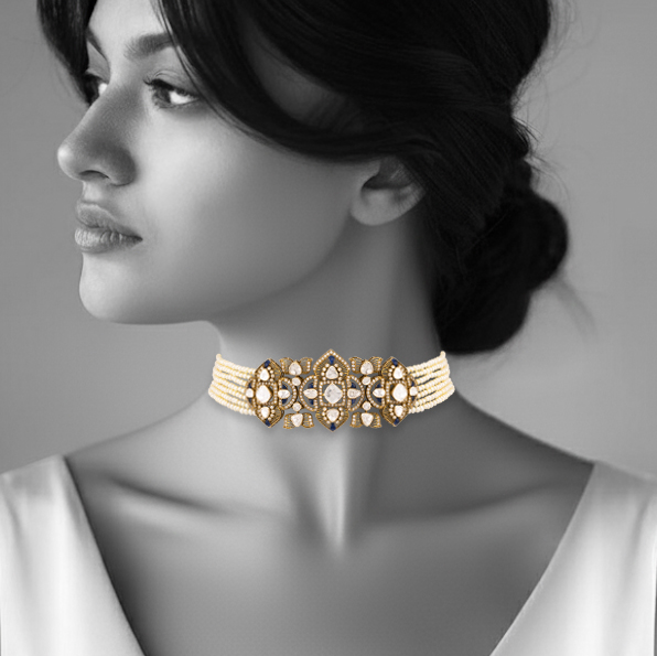 Antique Finish Choker with Blue Detail and Cheed Pearls