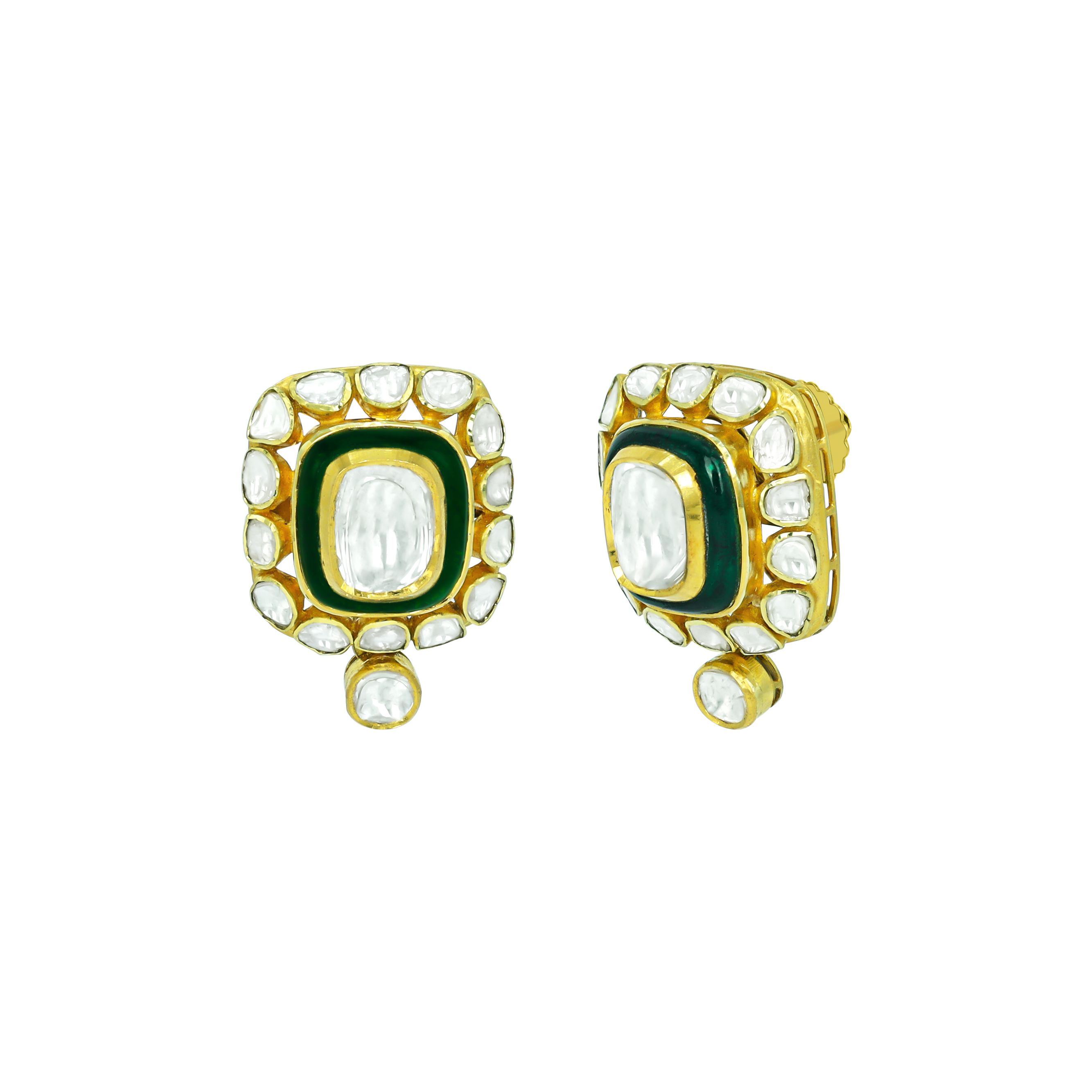Polki Stud Earrings with Green Enamel Border and Drop Accent