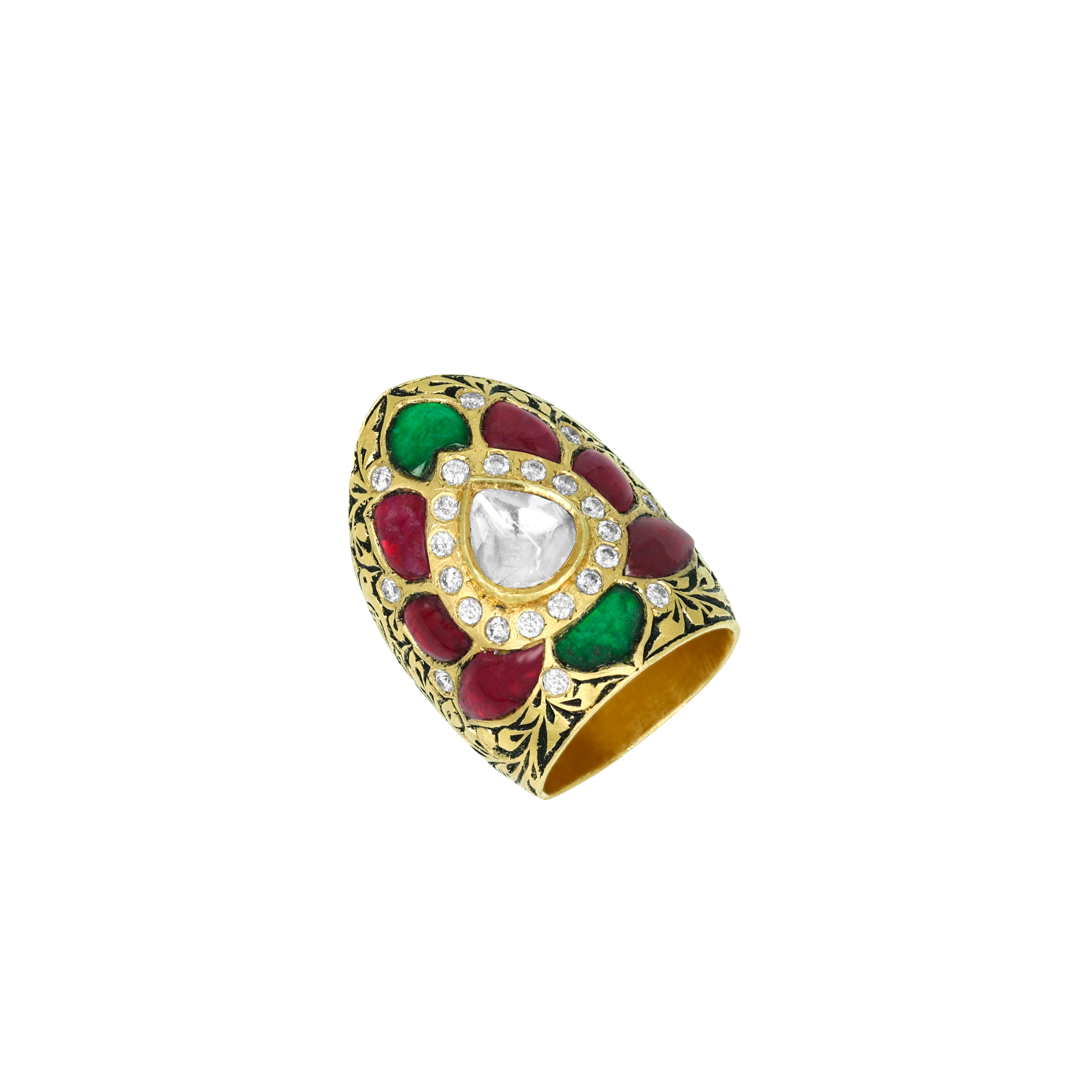 Polki Statement Ring with Red-Green Gemstones and Floral Gold