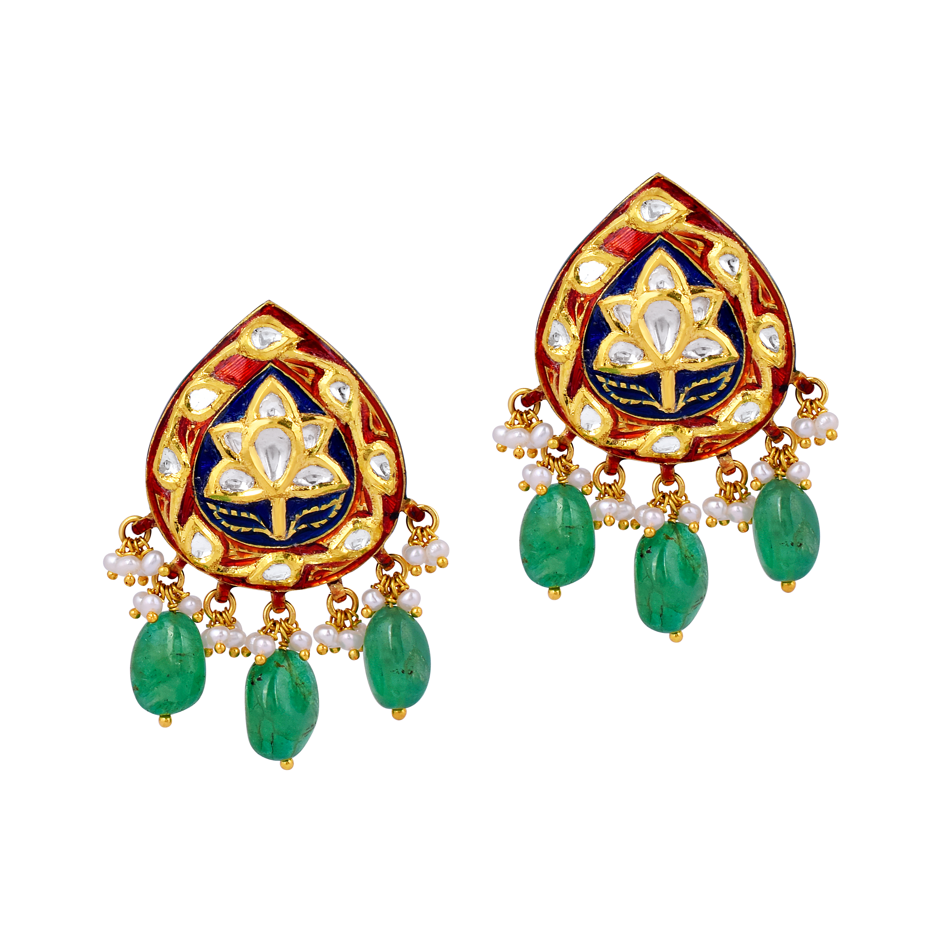 Floral Polki Earrings with Red-Blue Meena, Emeralds, and Pearls