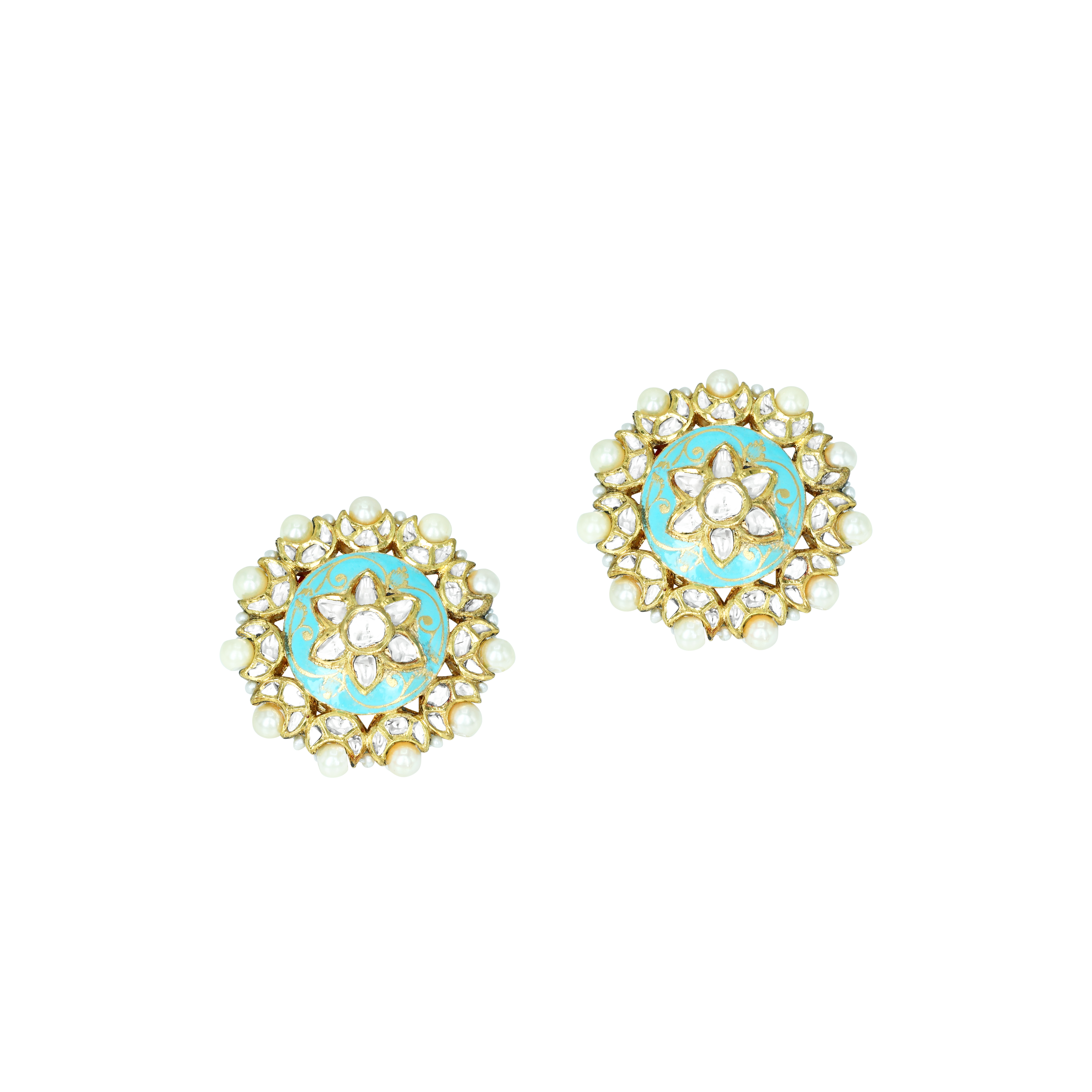 Turquoise Meena Polki Floral Studs with Pearls