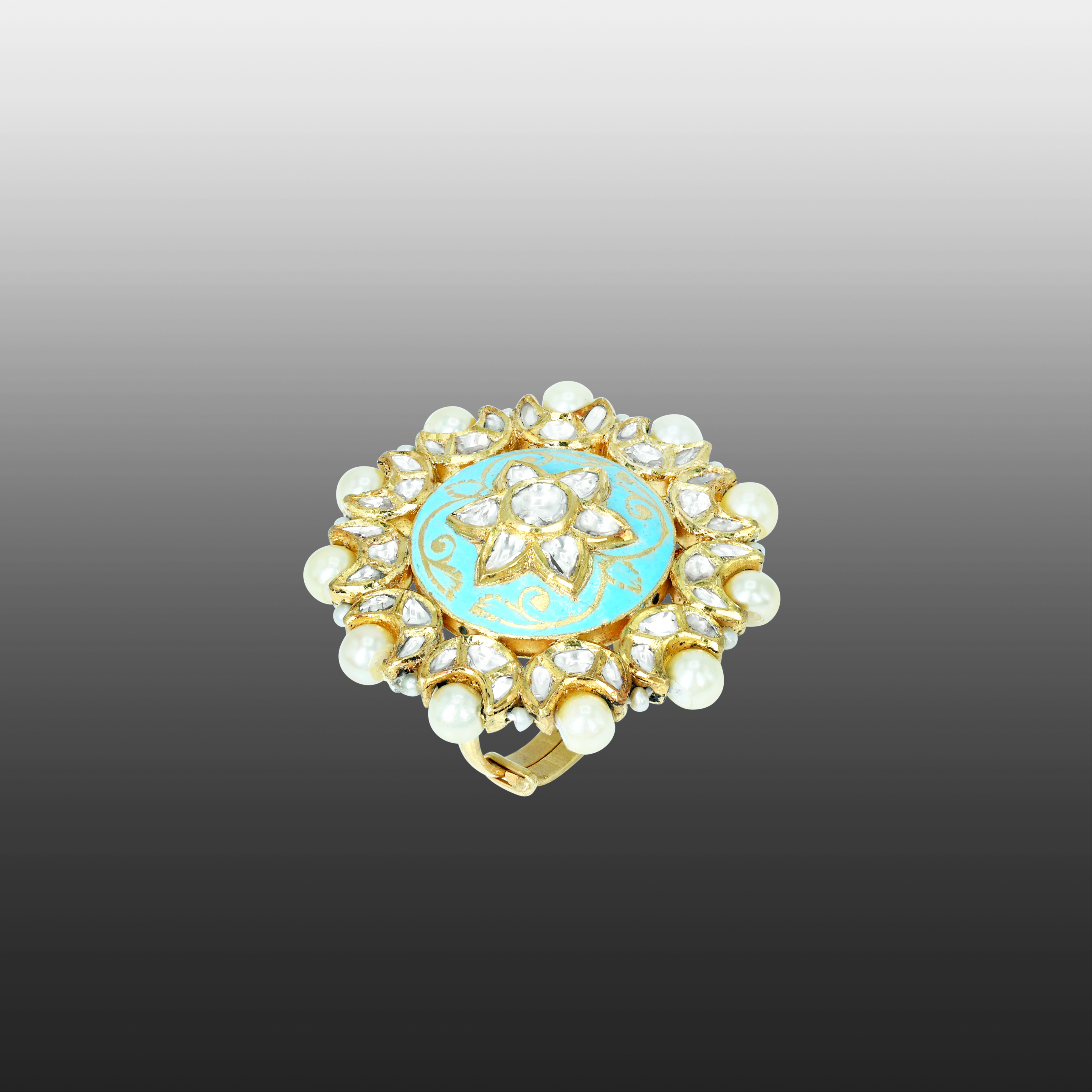 Turquoise Meena Polki Floral Ring with Pearls
