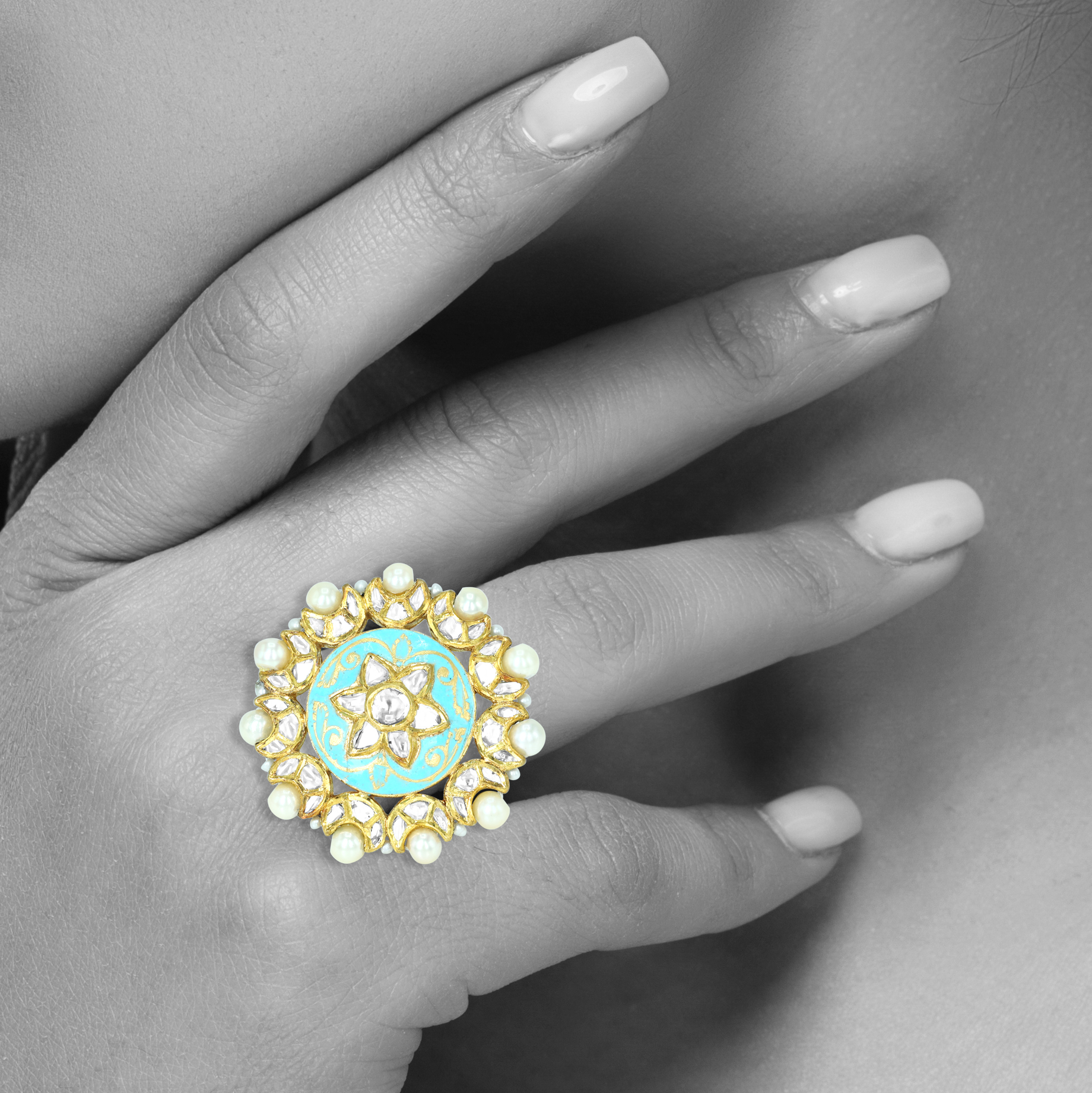 Turquoise Meena Polki Floral Ring with Pearls