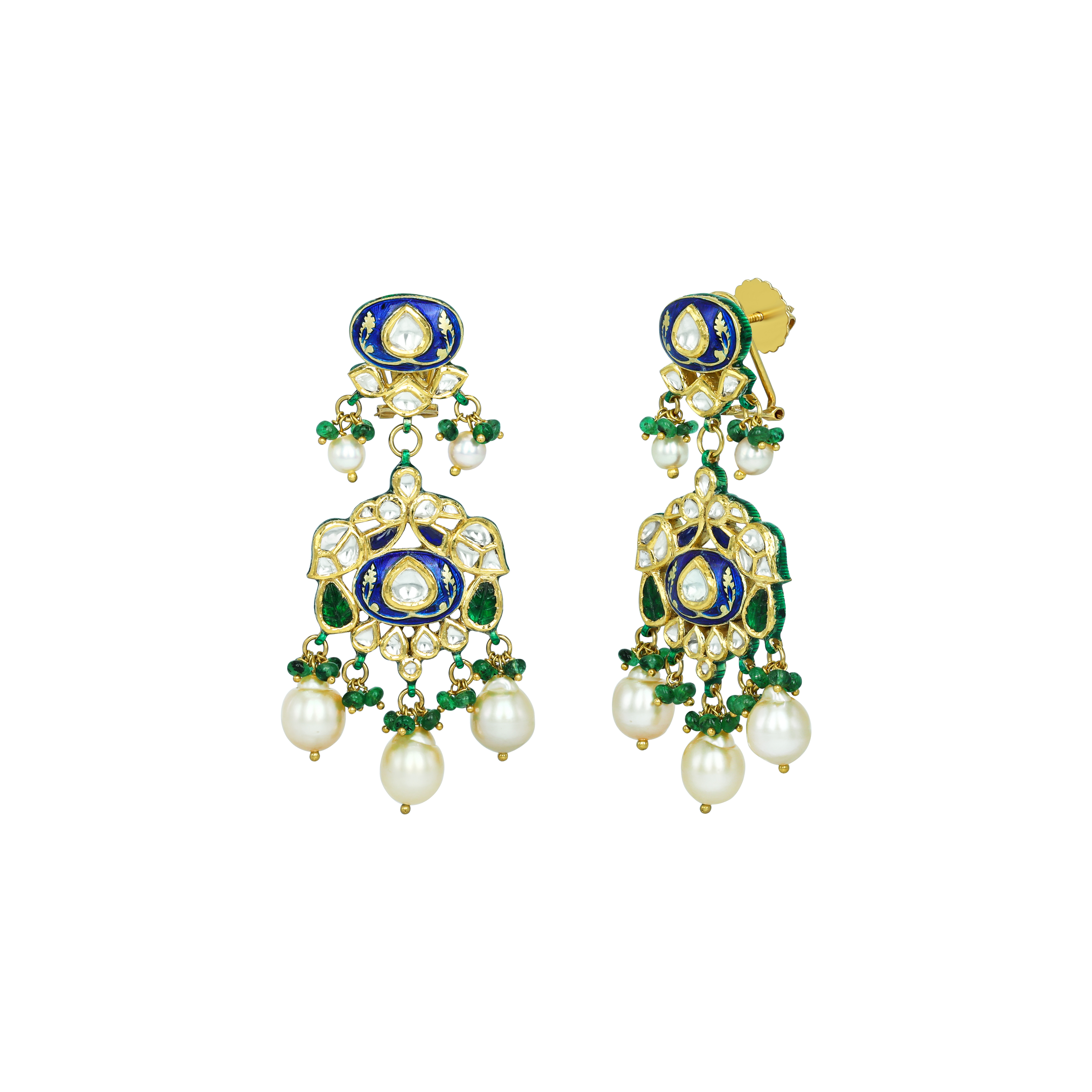 Blue Enamel Jadau Earrings with Polki, Emeralds, and Pearls