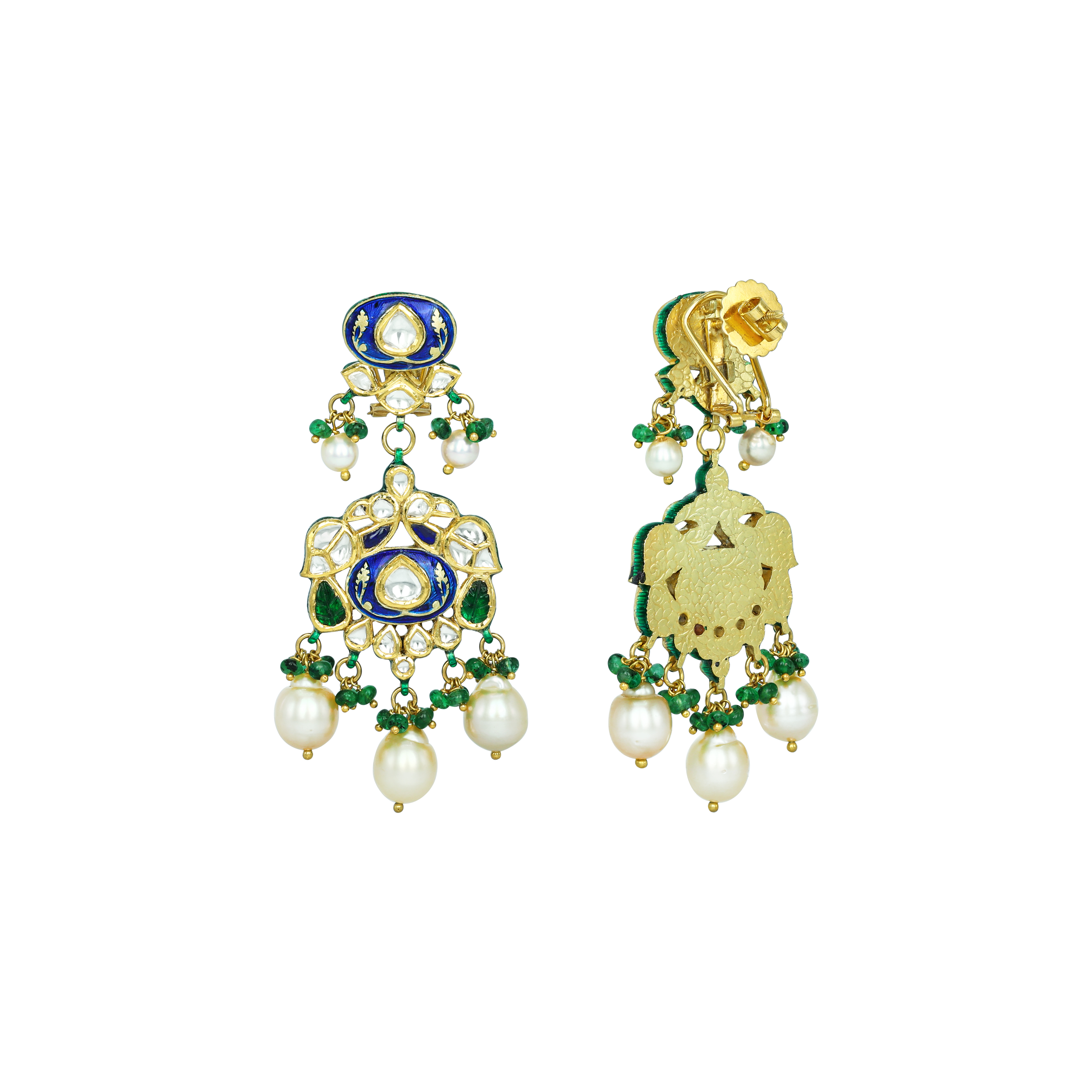 Blue Enamel Jadau Earrings with Polki, Emeralds, and Pearls