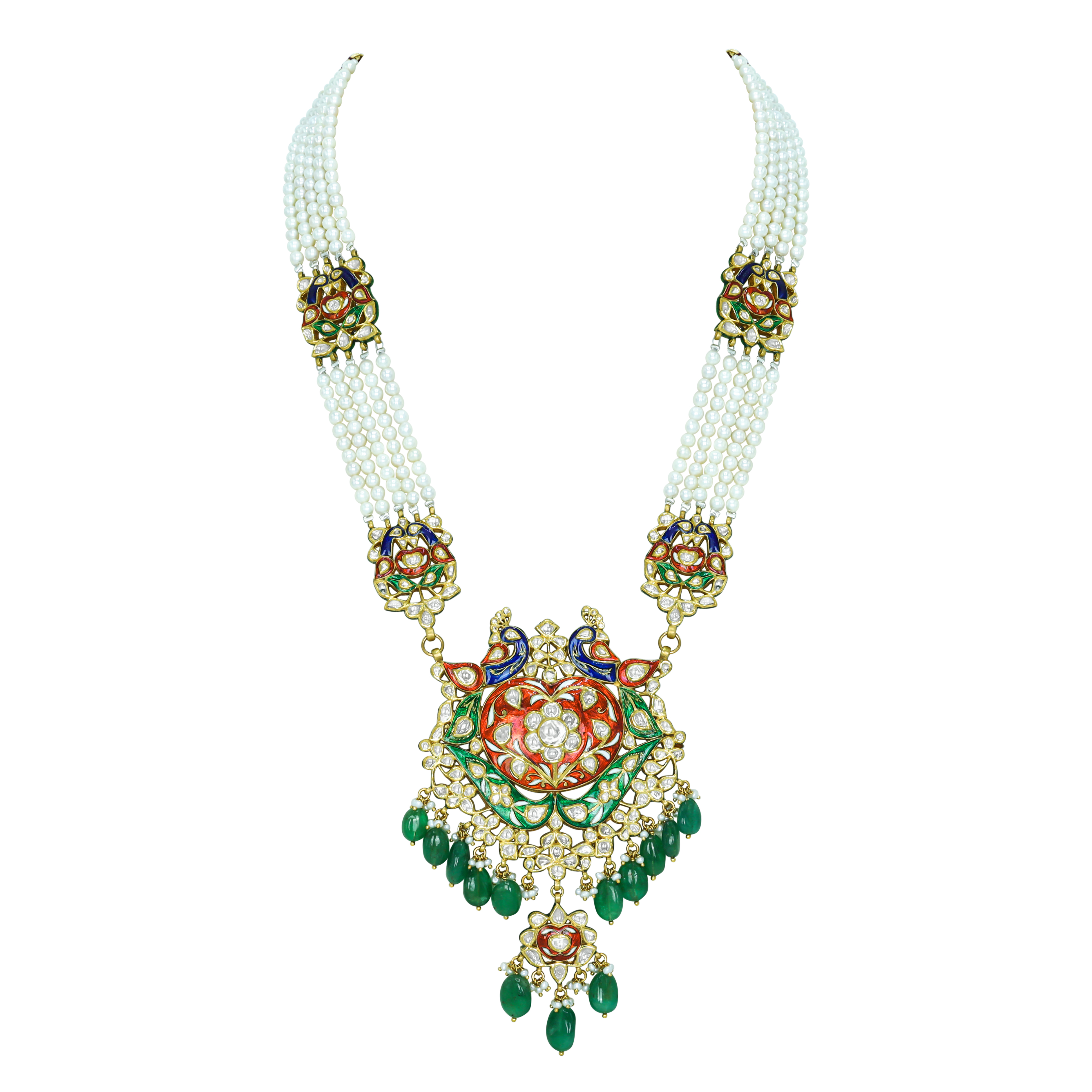 Peacock Meenakari Pendant with Pearl Strings and Emerald Drops
