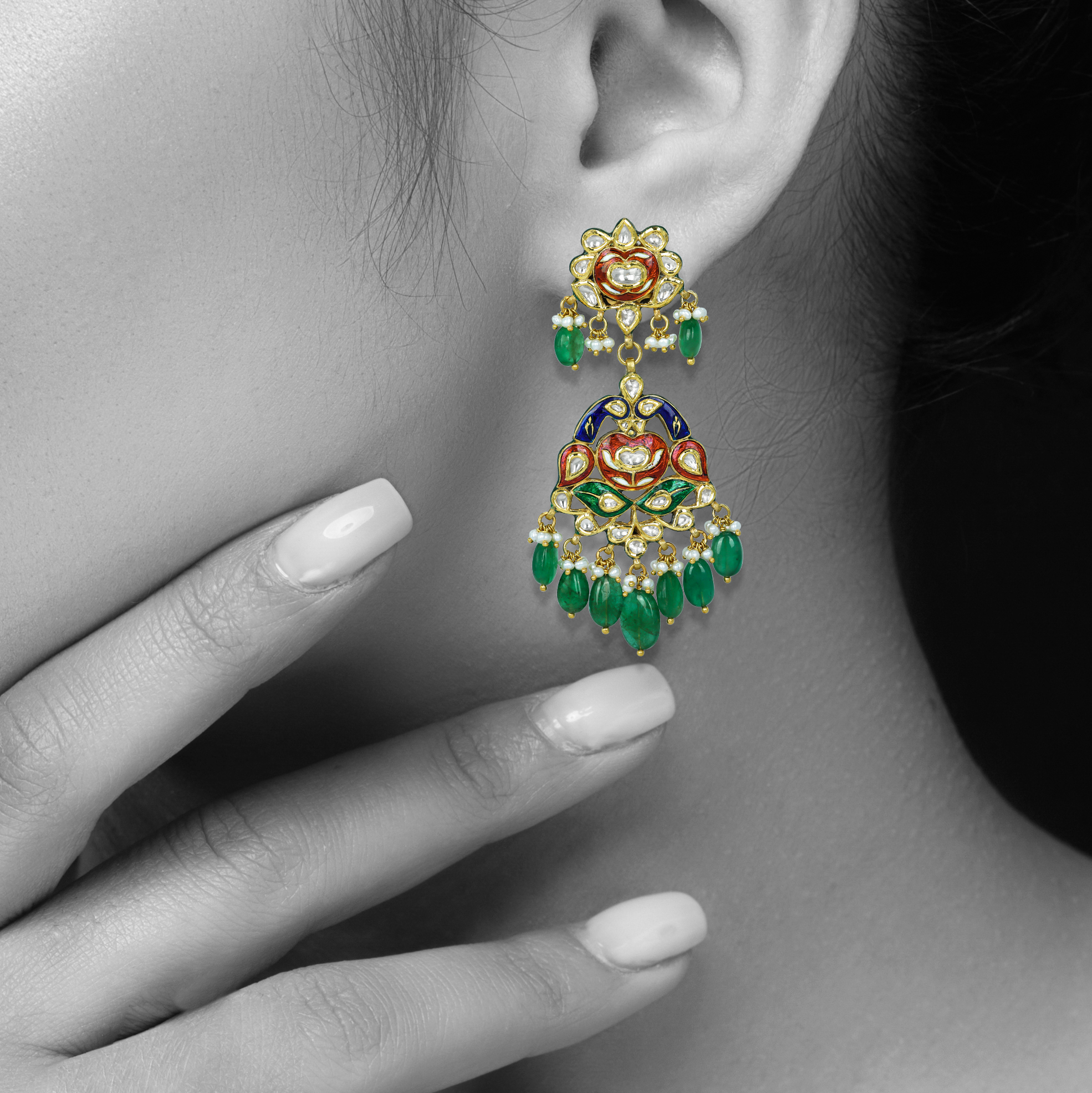 Peacock Enamel Earrings with Polki Diamonds and Emerald Drops