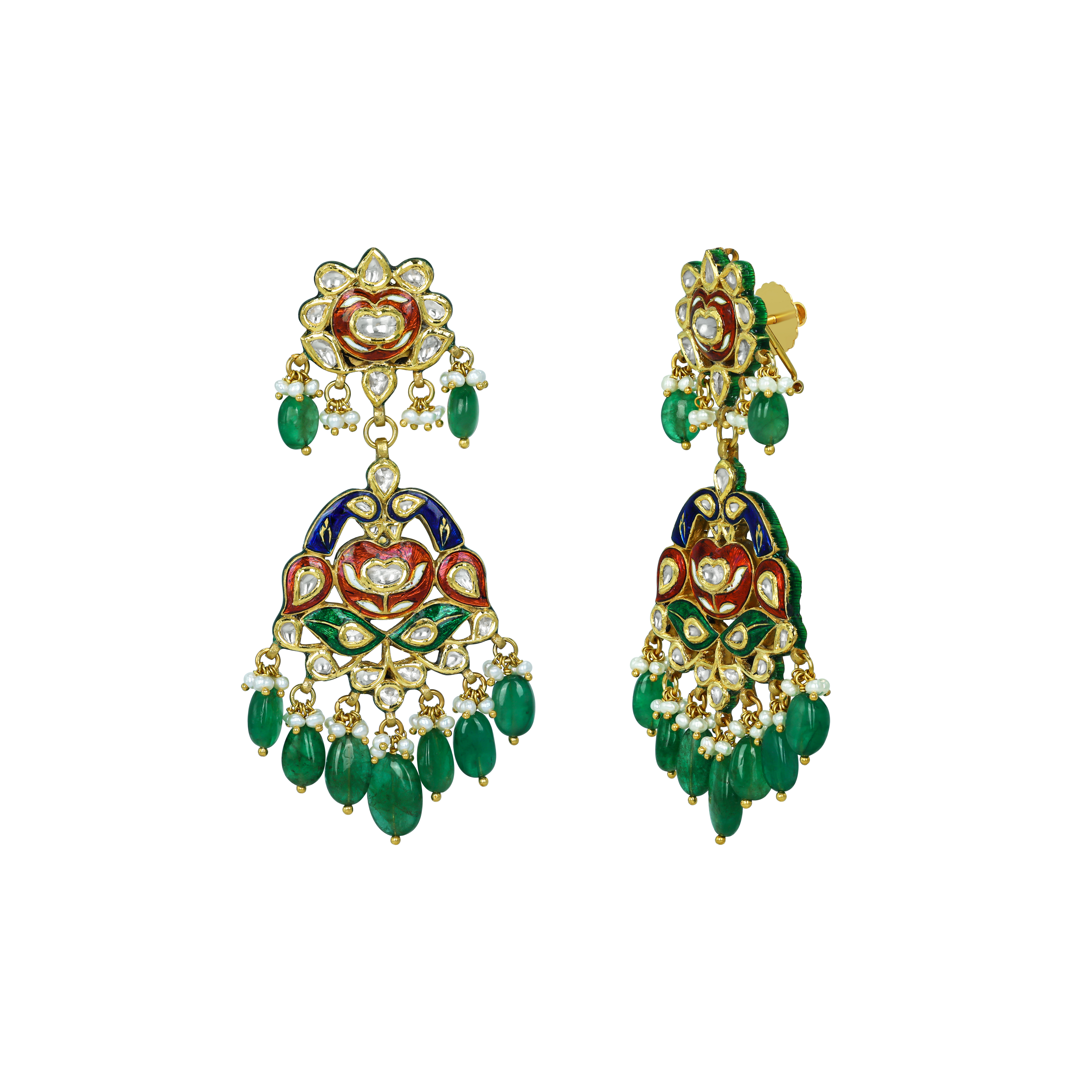 Peacock Enamel Earrings with Polki Diamonds and Emerald Drops