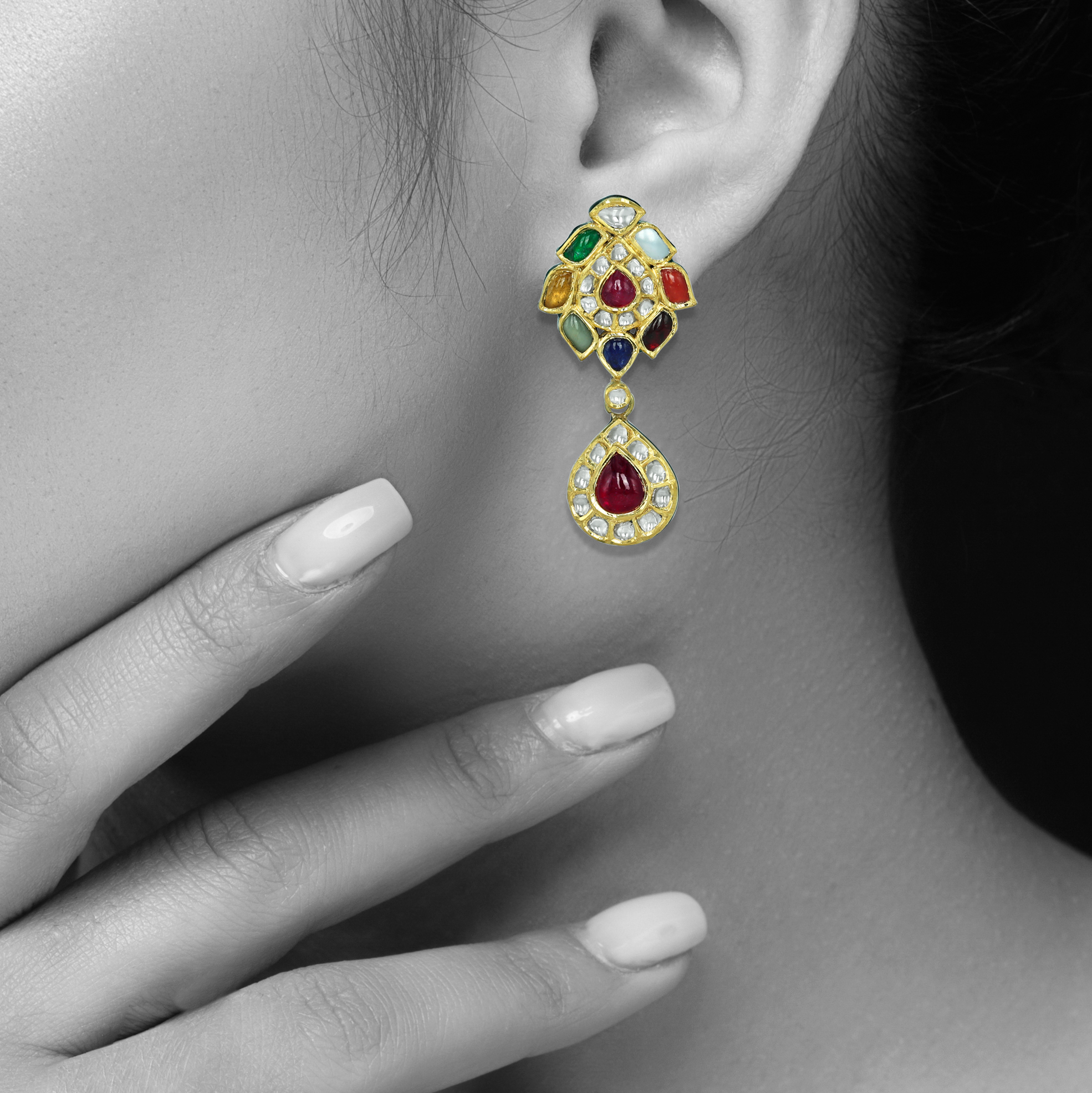Navaratan Earrings with Ruby Drops and Polkis