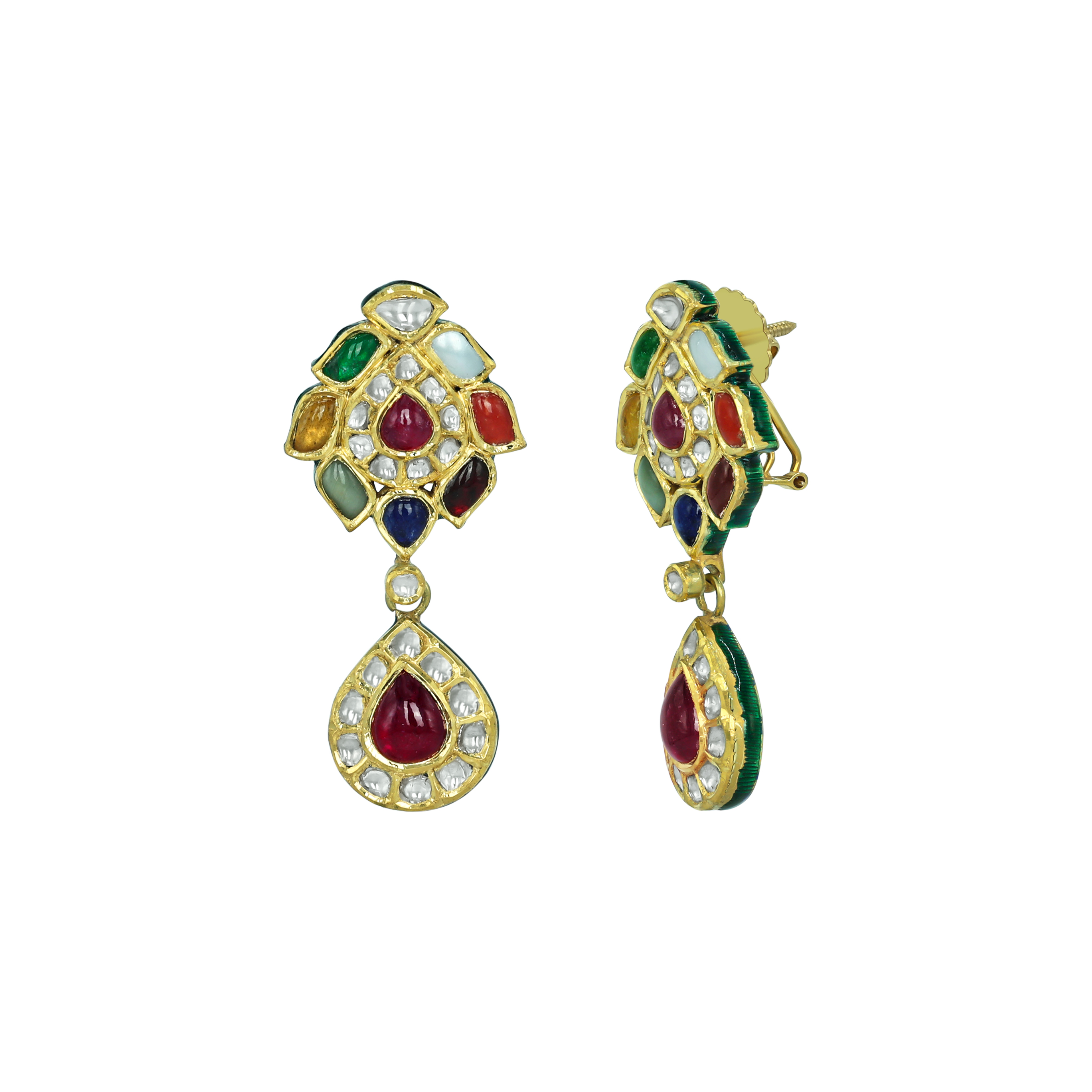 Navaratan Earrings with Ruby Drops and Polkis