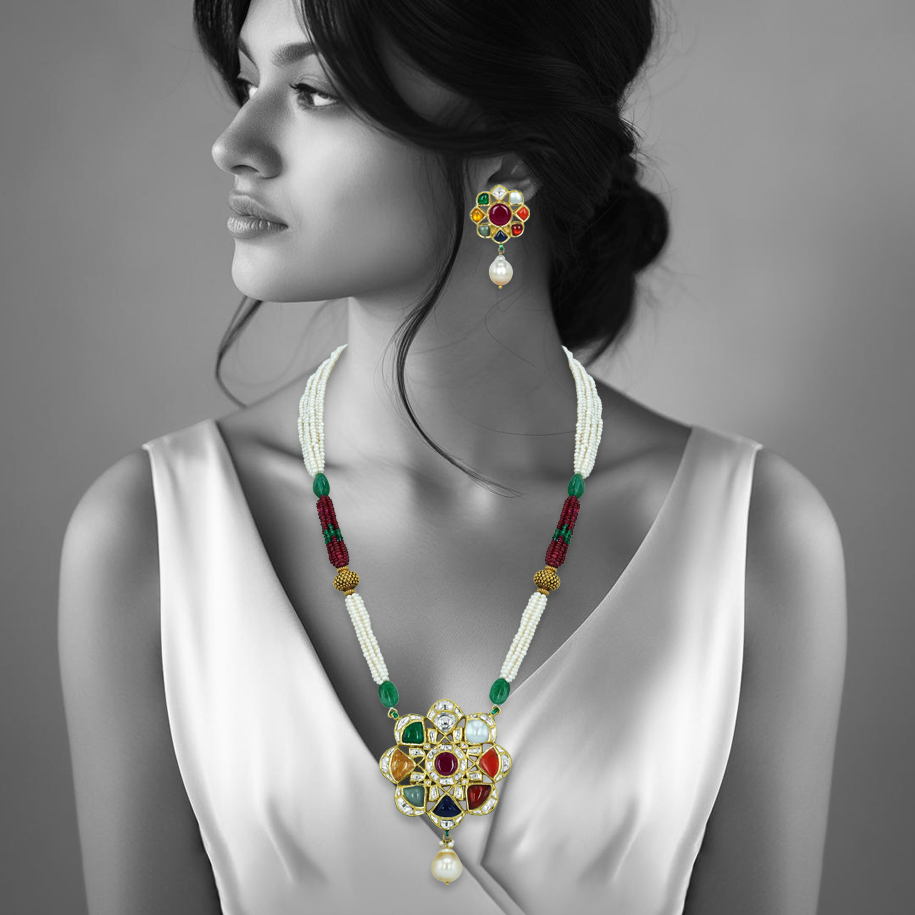 Navaratna Pendant Necklace with Pearls, Emeralds, and Ruby Beads