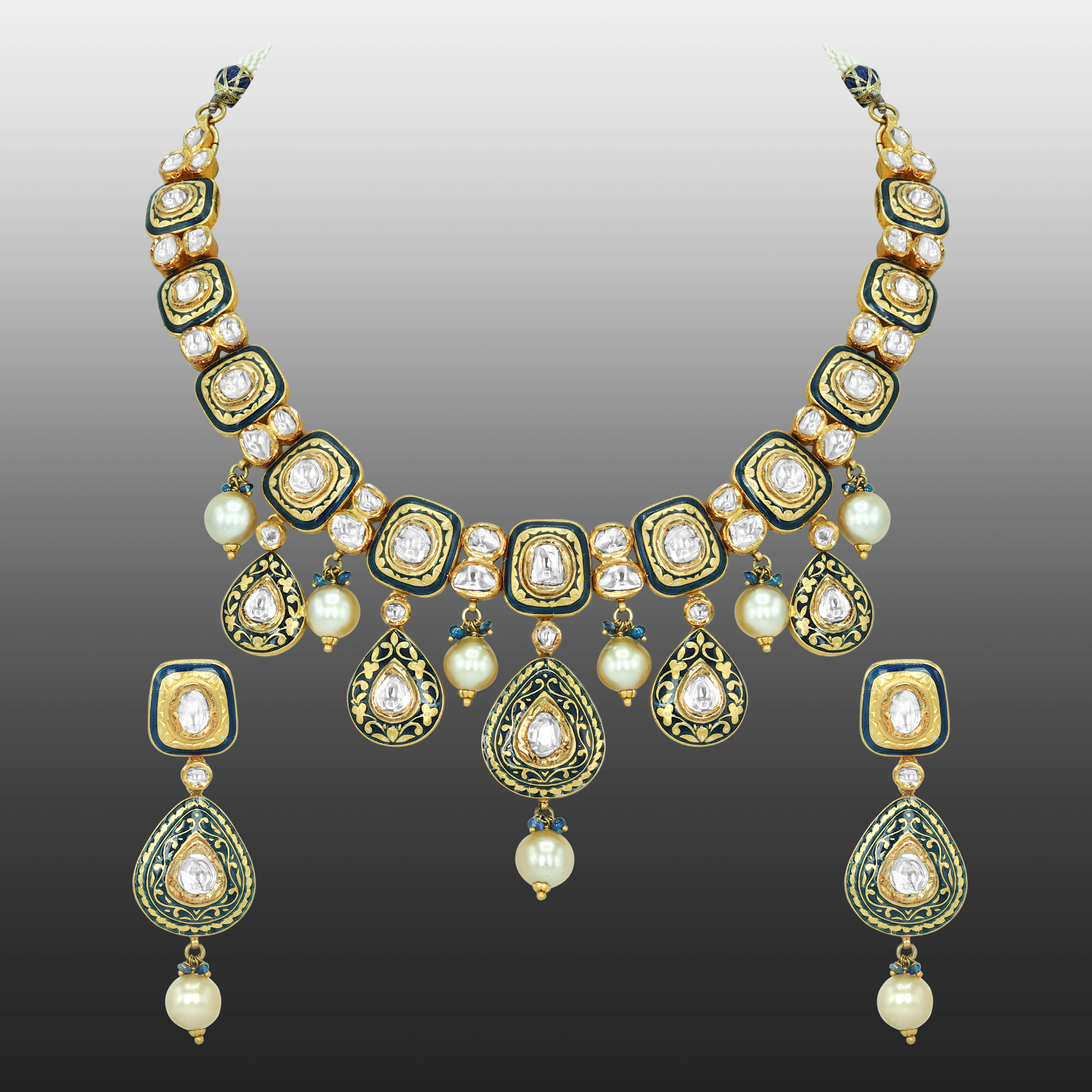 Black Inlay Polki Set with Green Enamel and Pearl Drops