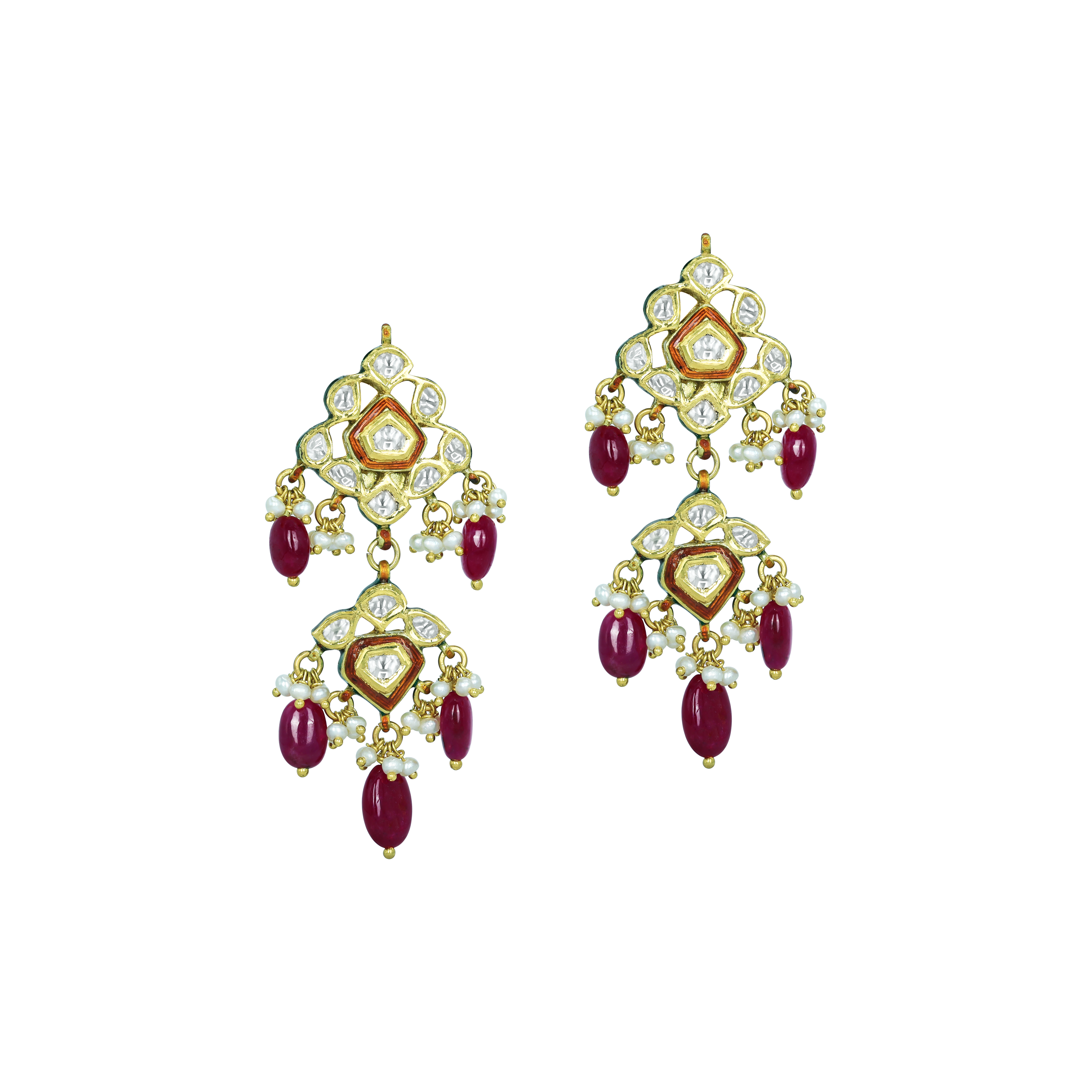 Polki Floral Earrings with Ruby Drops and Red Enamel