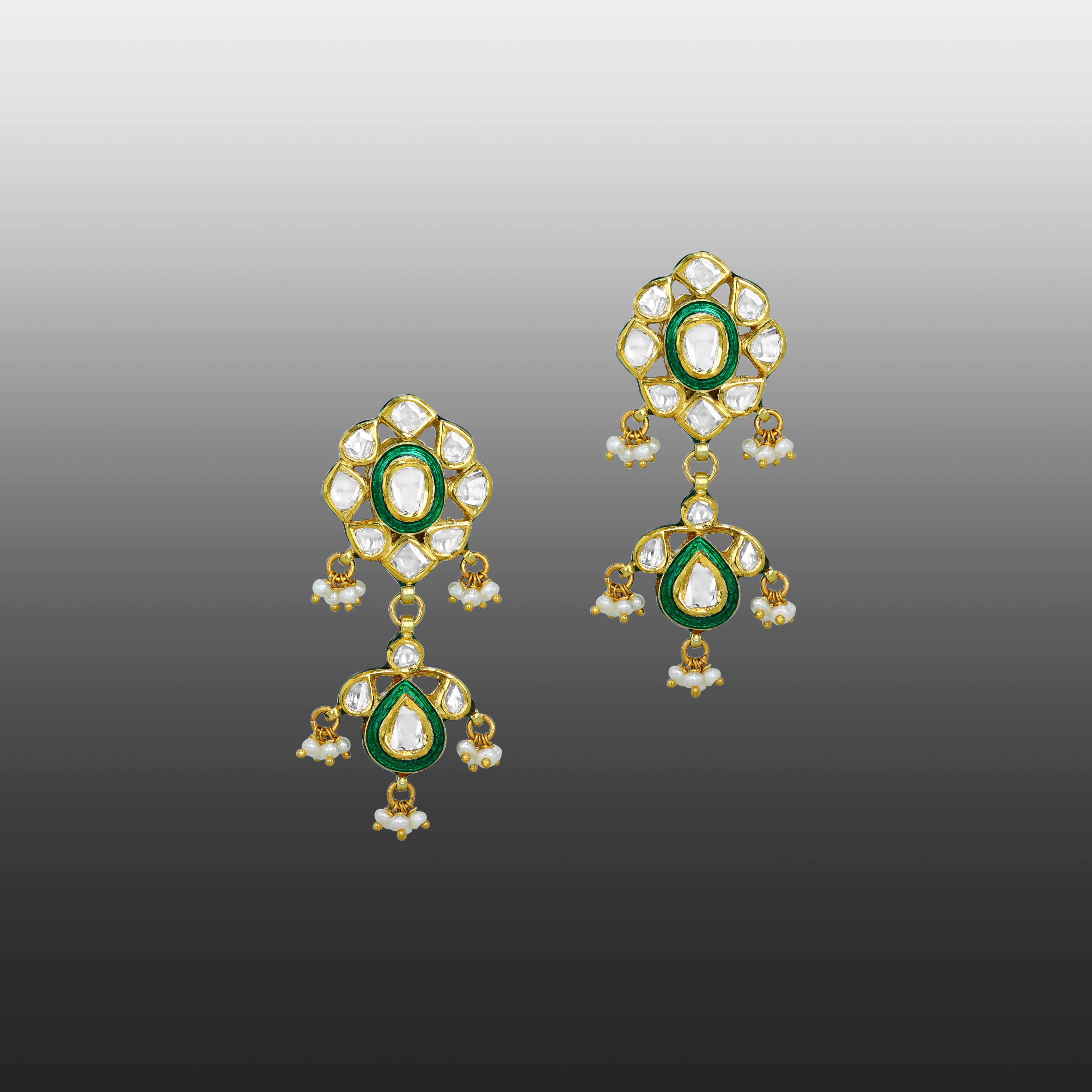 Polki Earrings with Green Enamel and Pearls
