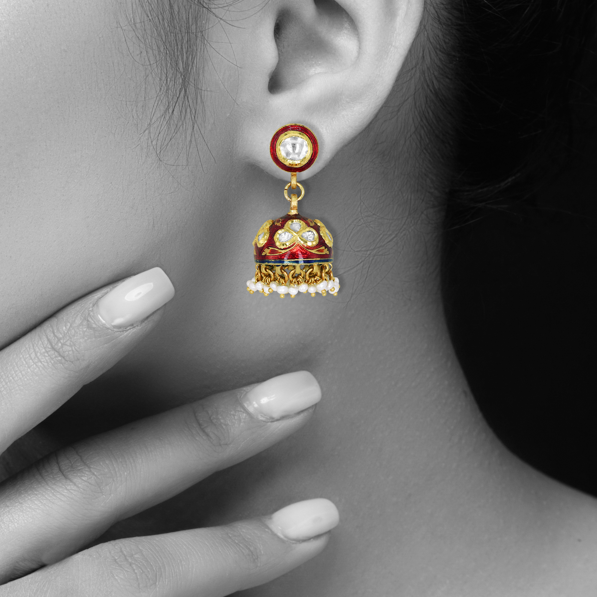 Polki Jhumkas with Red Enamel Domes and Pearl Fringes