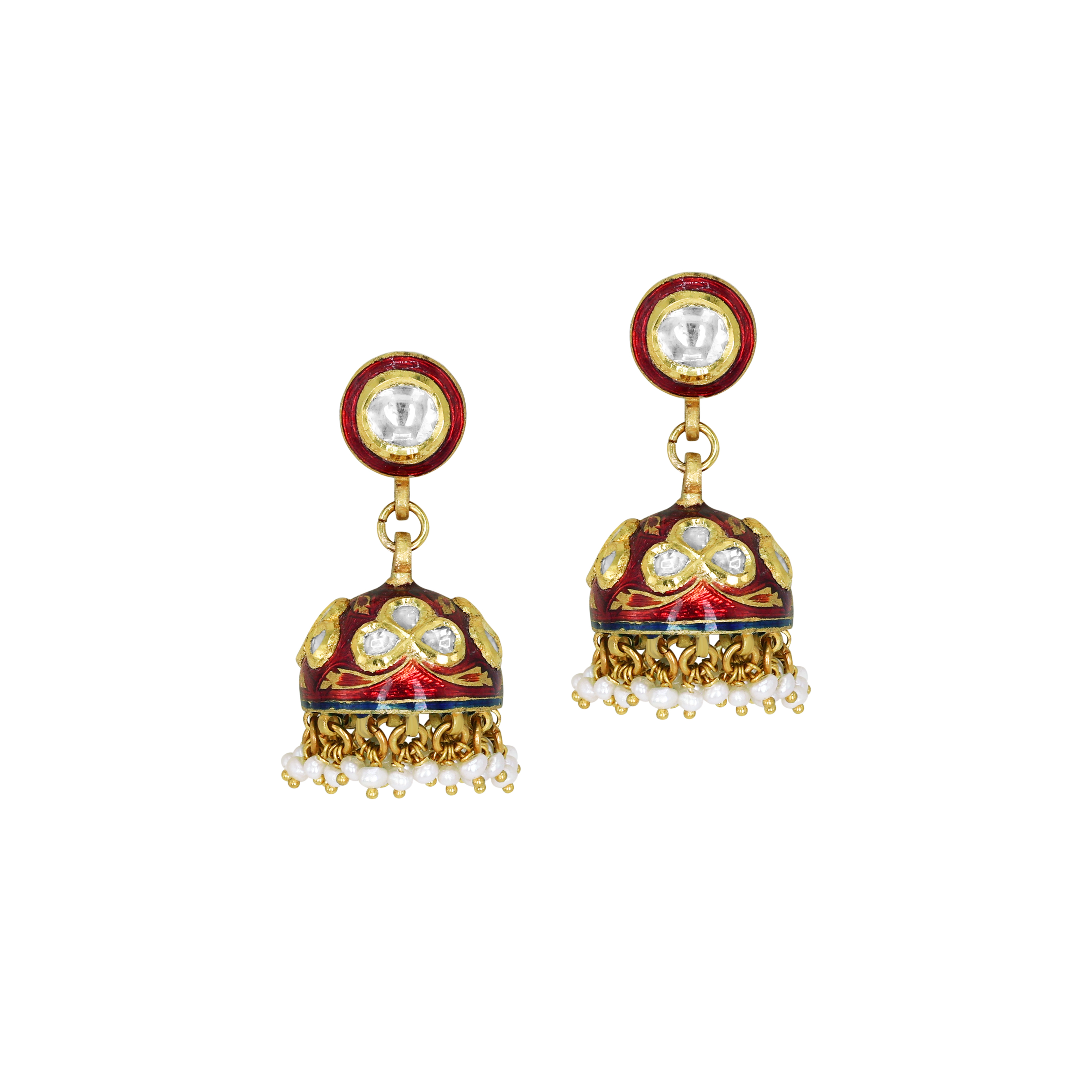 Polki Jhumkas with Red Enamel Domes and Pearl Fringes