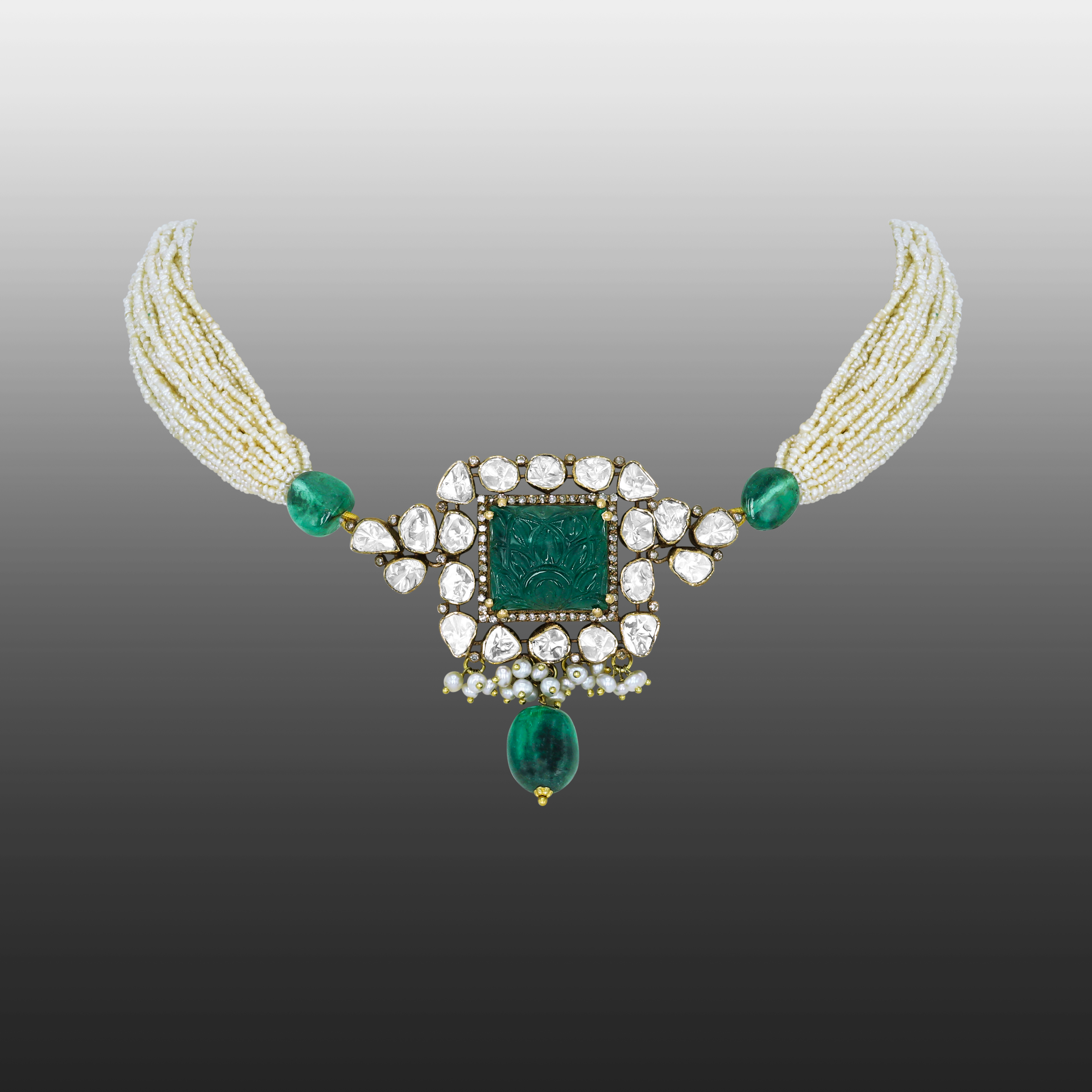 Carved Emerald Polki Choker with Pearl Strands and Emerald Drop