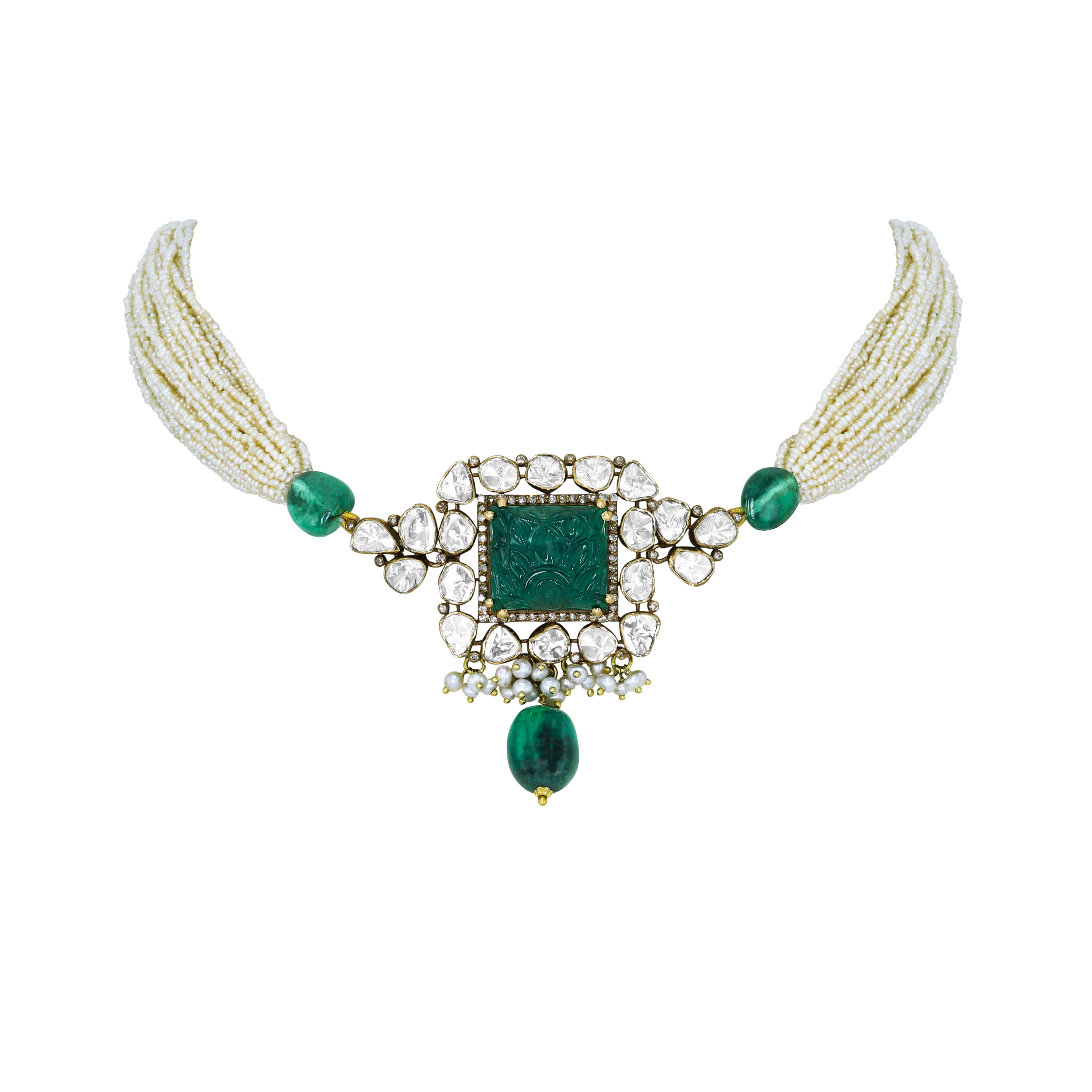 Carved Emerald Polki Choker with Pearl Strands and Emerald Drop