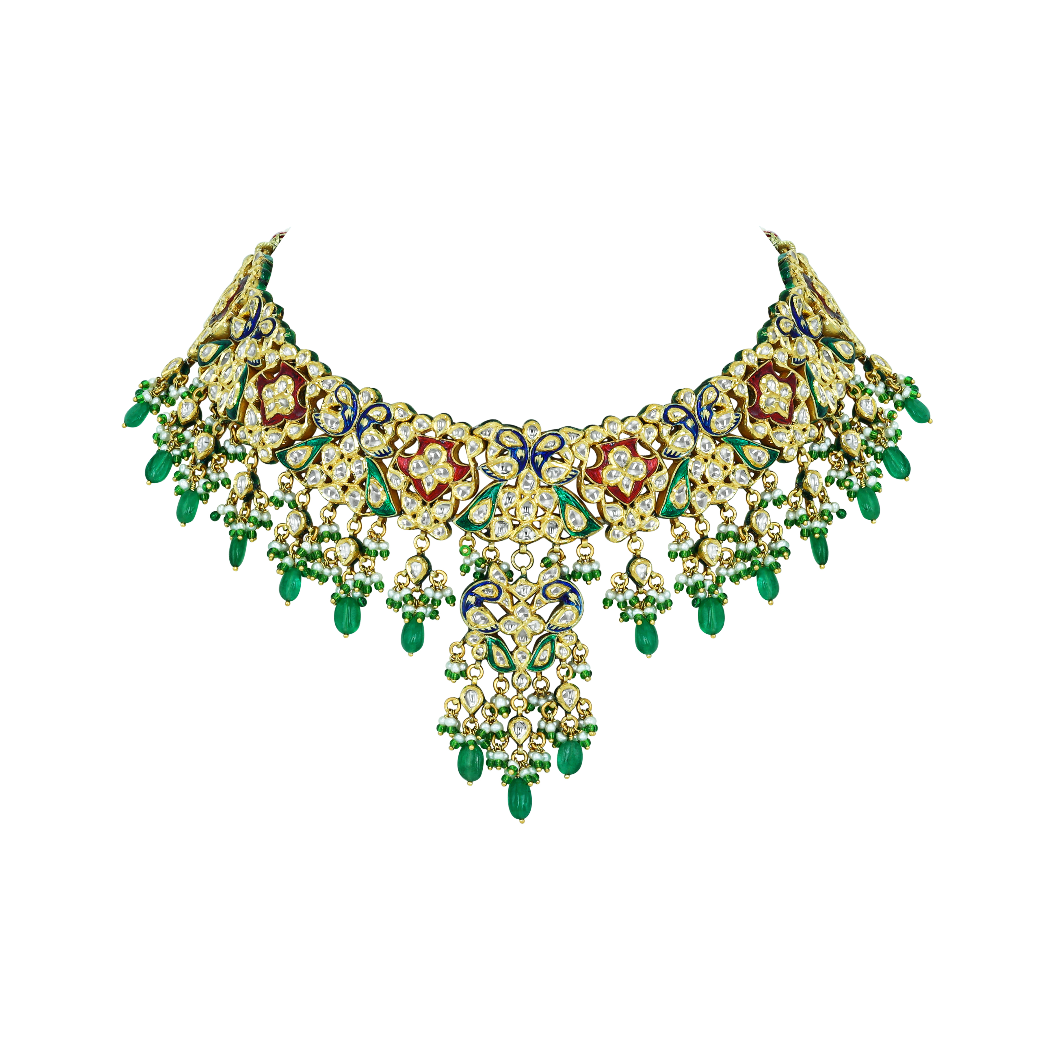 Floral Polki Necklace with Emerald Drops and Enamel