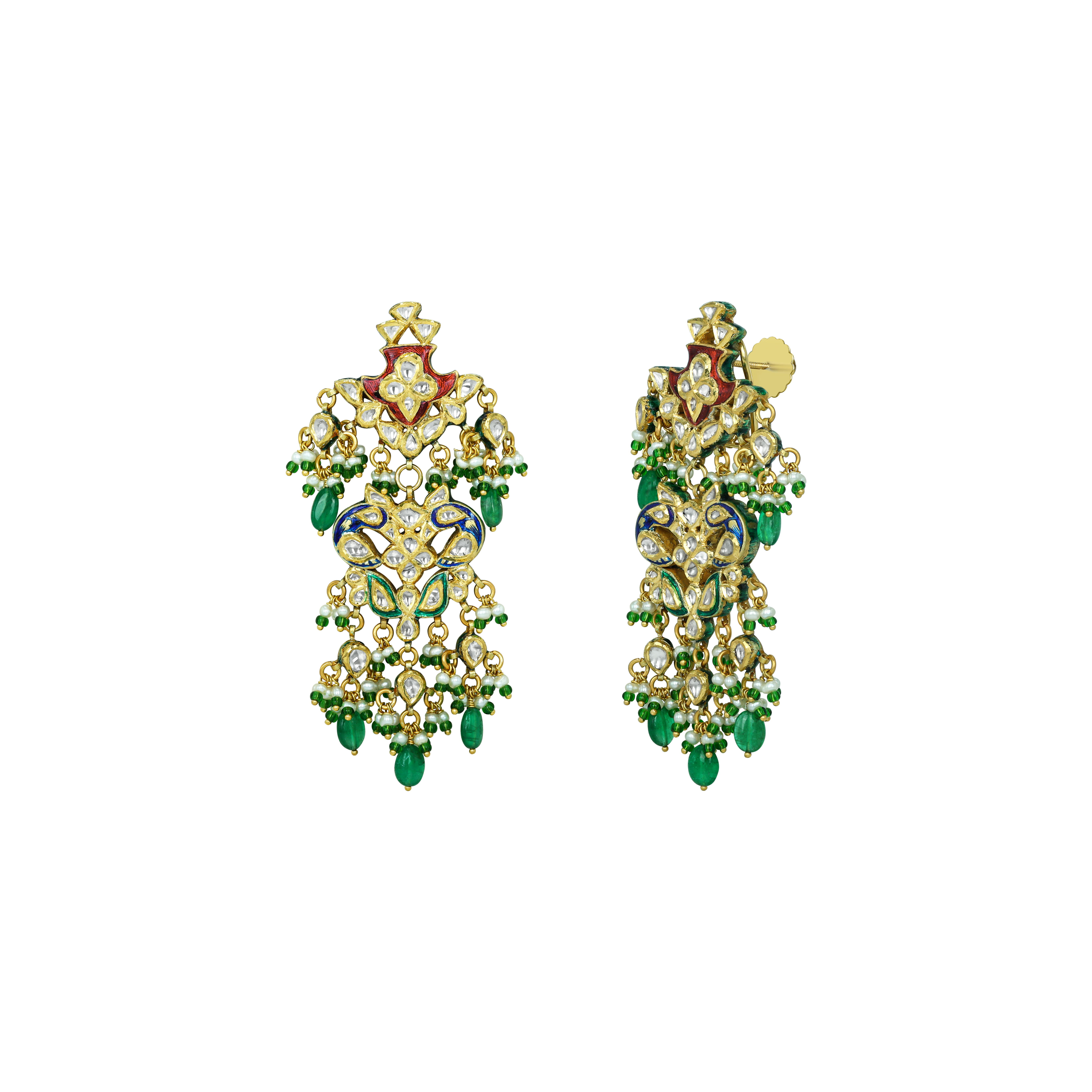 Polki Floral Earrings with Emerald Drops and Enamel
