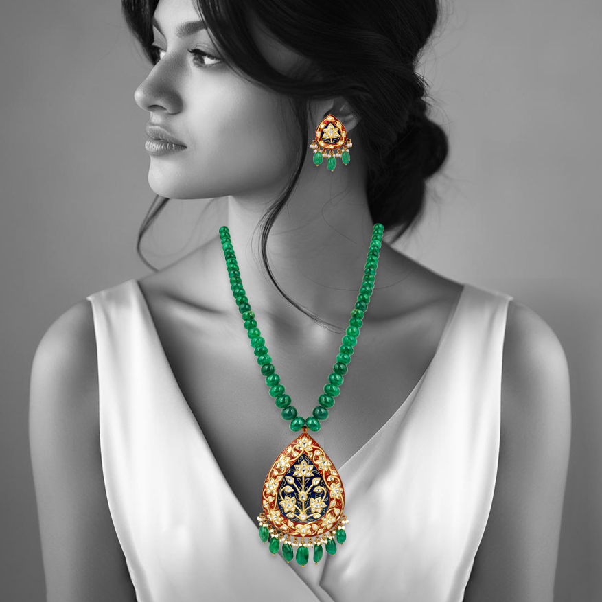 Emerald Bead Necklace with Polki Pendant and Meena Detailing