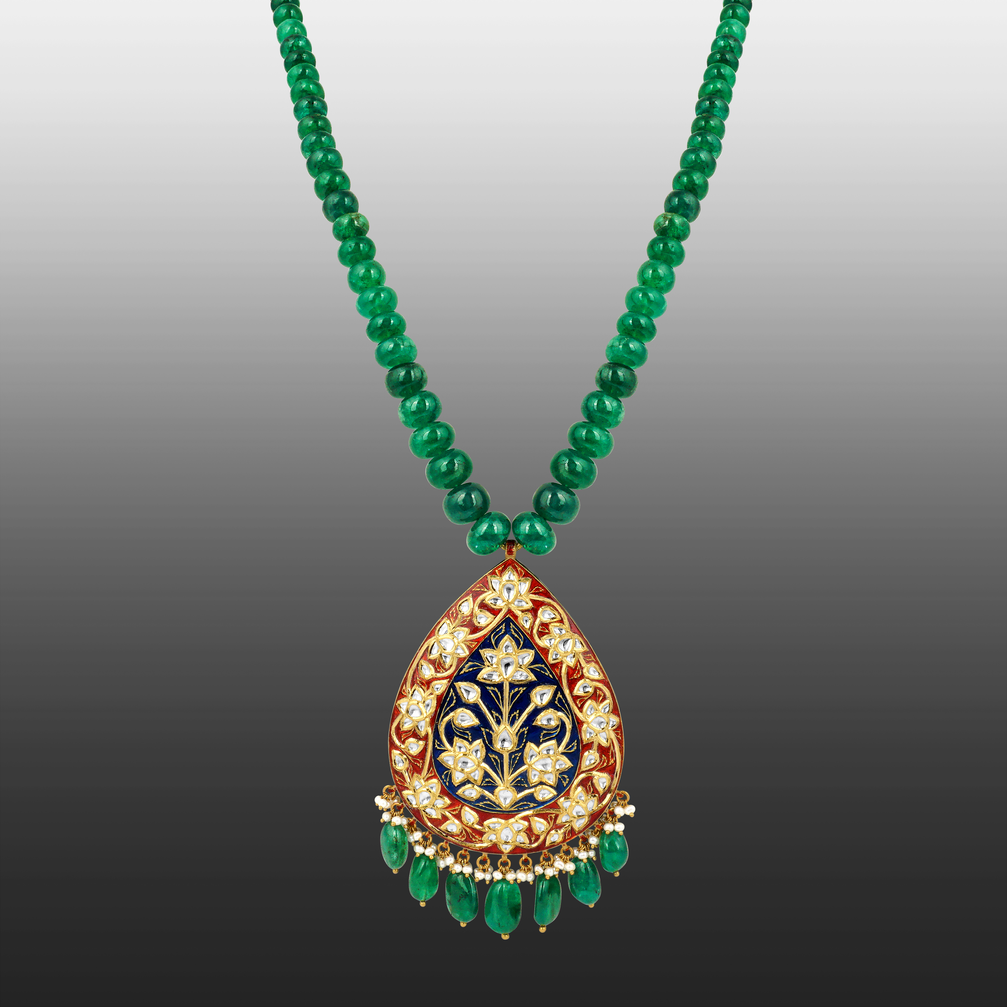 Emerald Bead Necklace with Polki Pendant and Meena Detailing