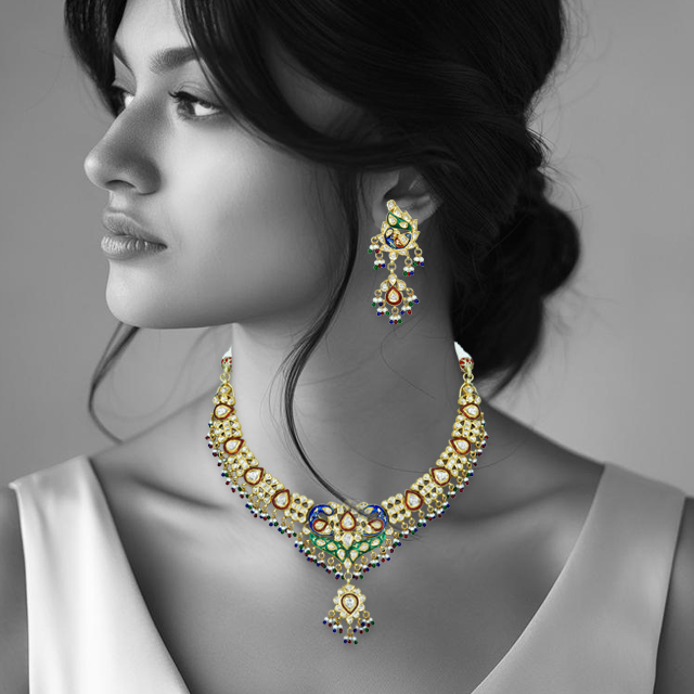 Polki Necklace with Enamel Peacock Motifs and Beads