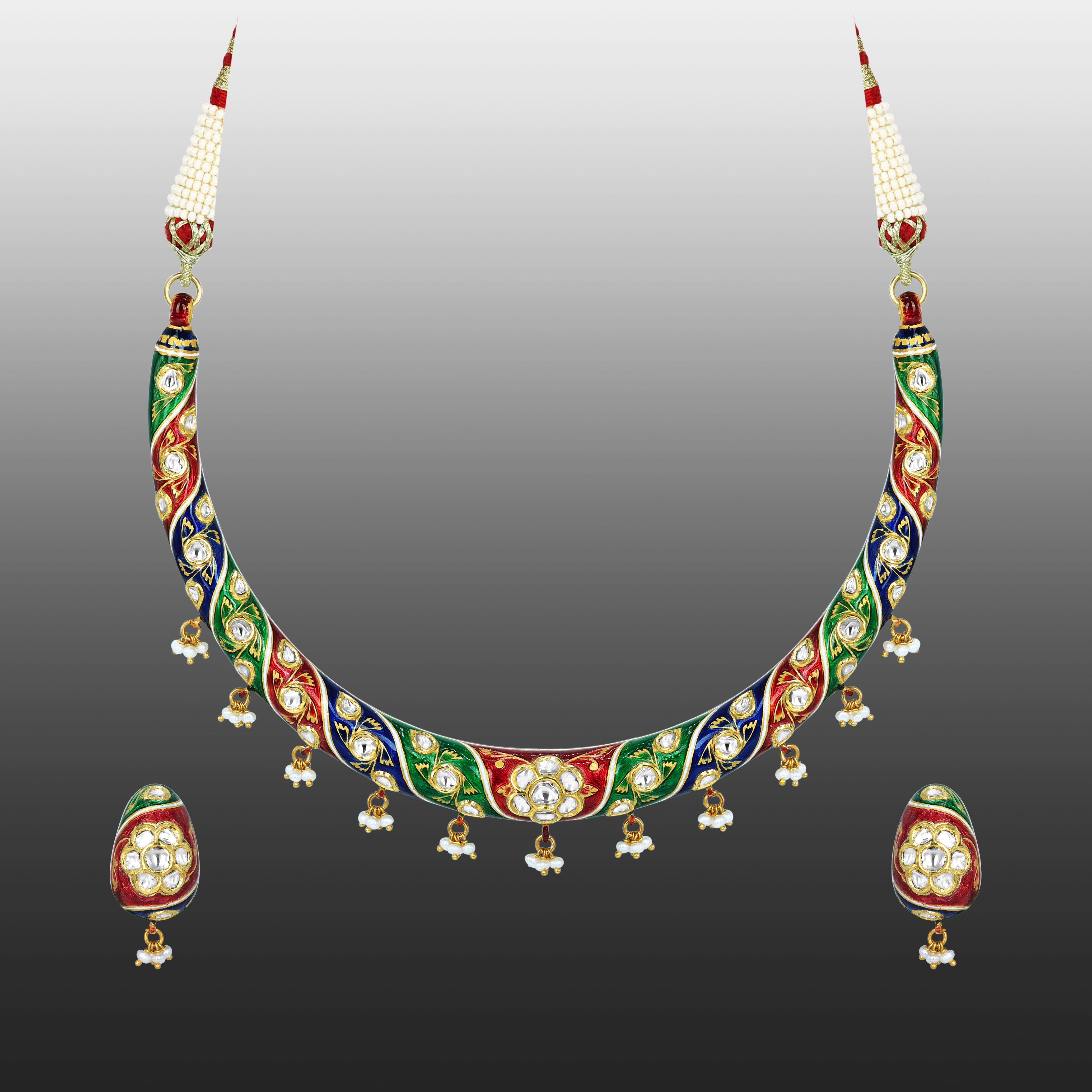 Enamel Hasli Necklace Set with Floral Motifs and Pearls