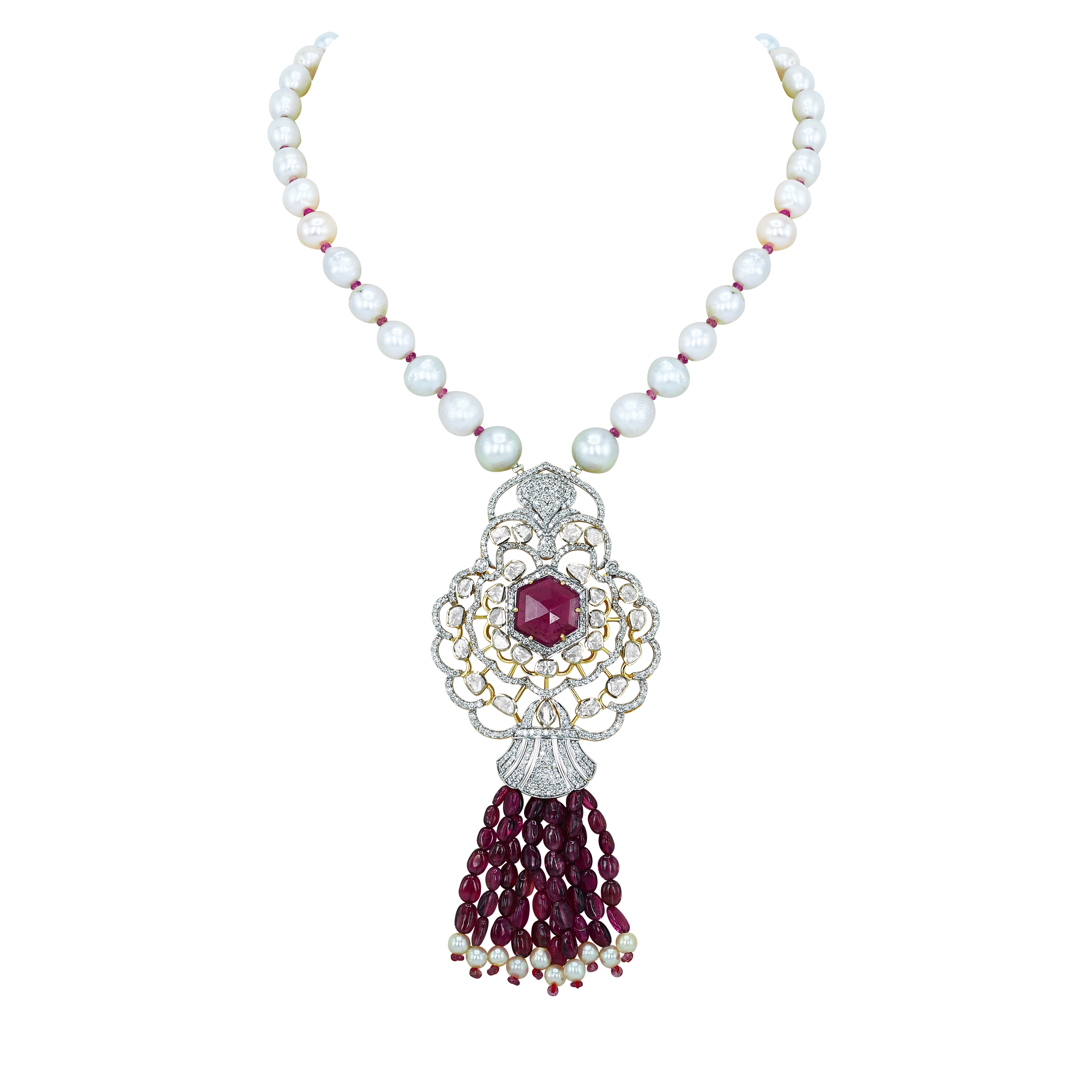 Hexagonal Tourmaline Pendant with Diamond Filigree and Tourmaline Tassels