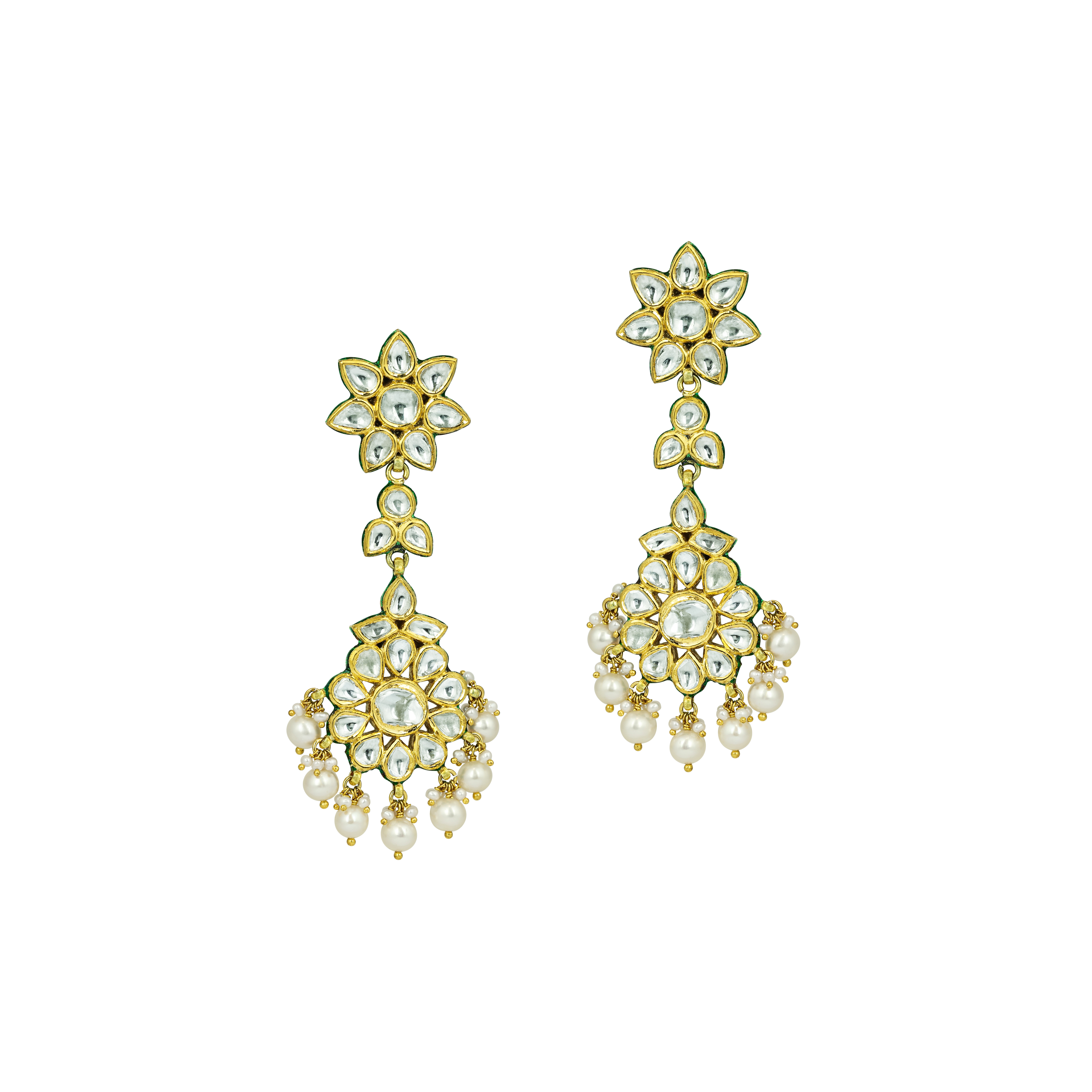 Ivory Floral Polki Earrings with Pearl Clusters