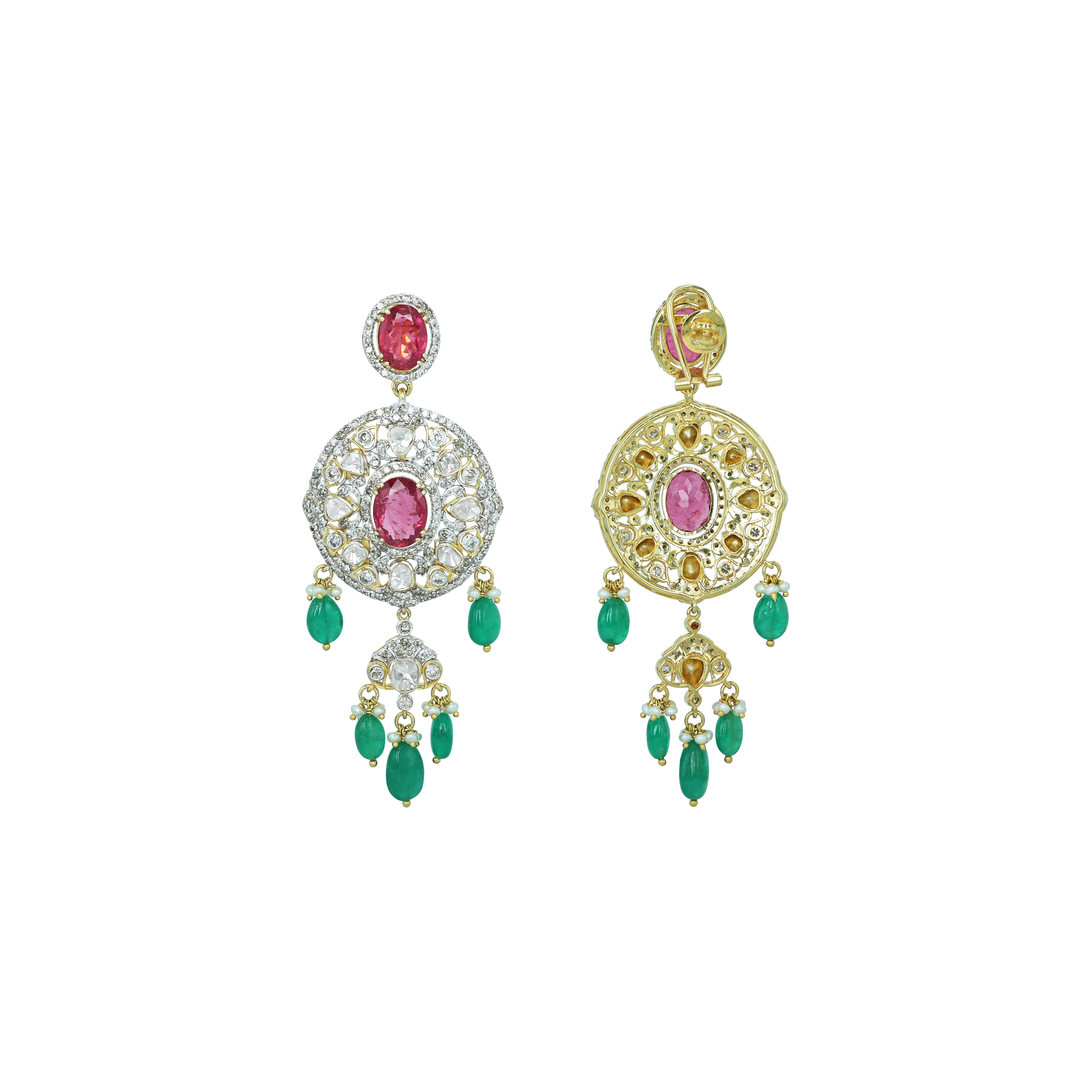 Tourmaline Earrings with Polki Diamonds and Emerald Drops