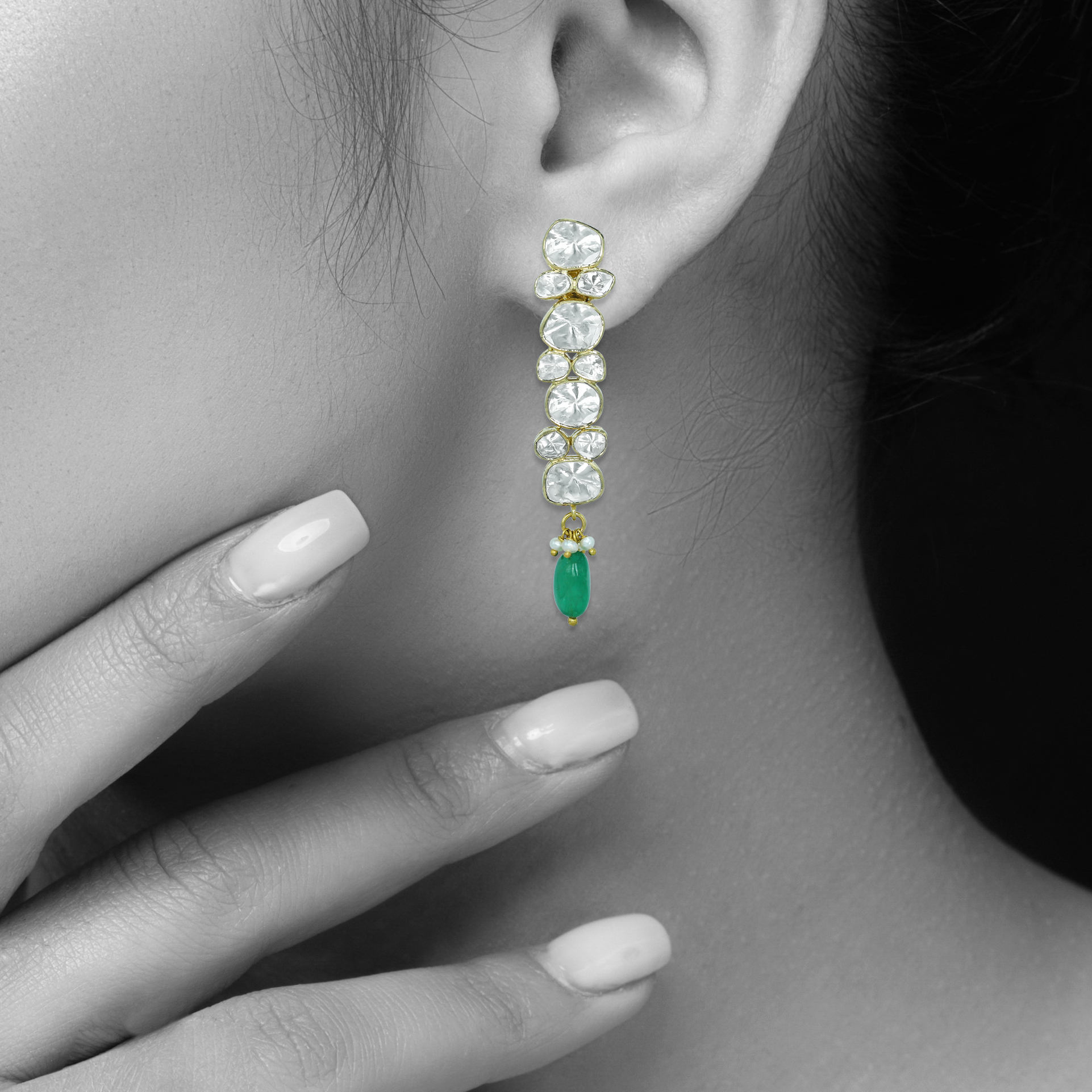 Polki Diamond Earrings with Single Emerald Drop