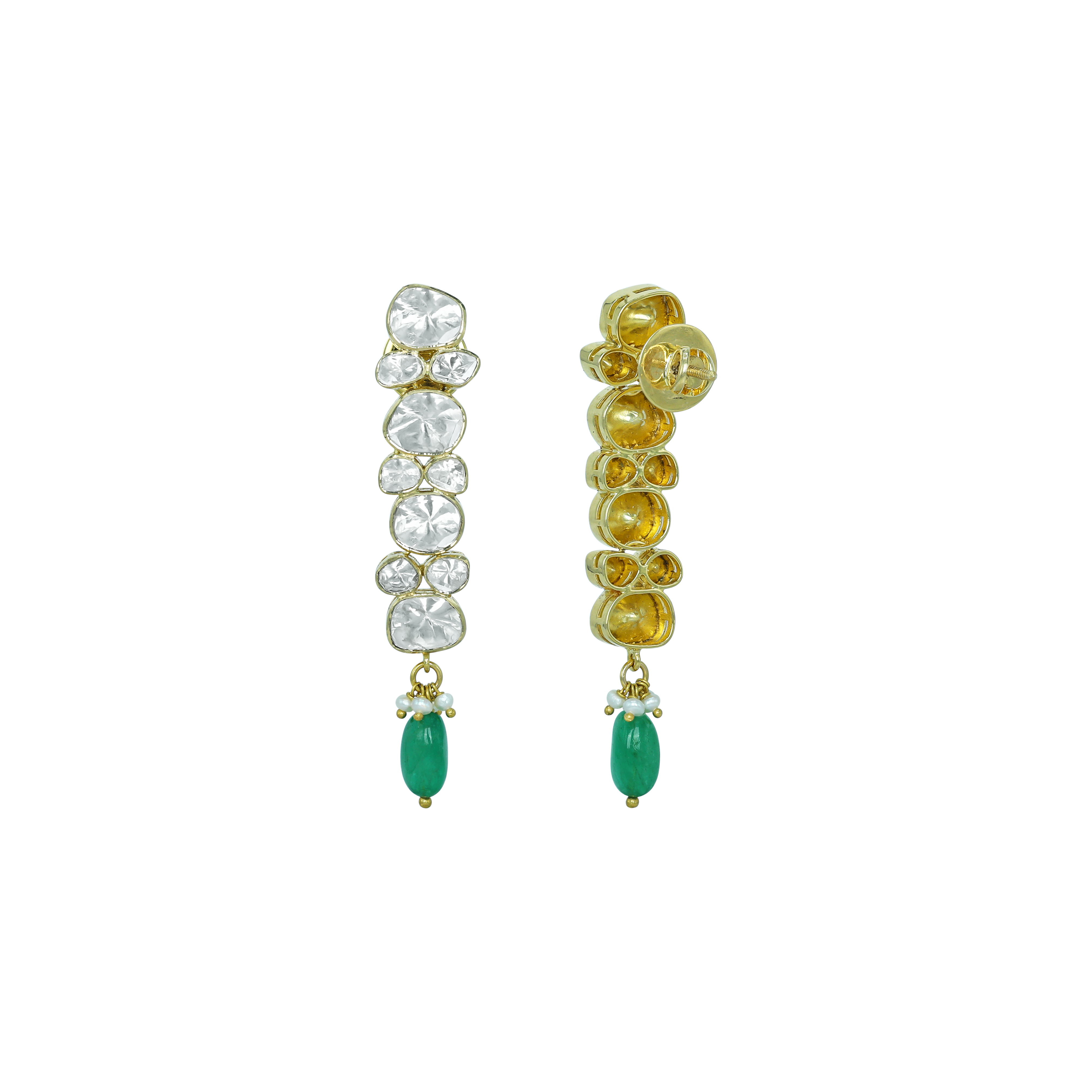 Polki Diamond Earrings with Single Emerald Drop