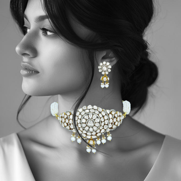 Polki Diamond Choker with Pearl Strings and Dangling Drops