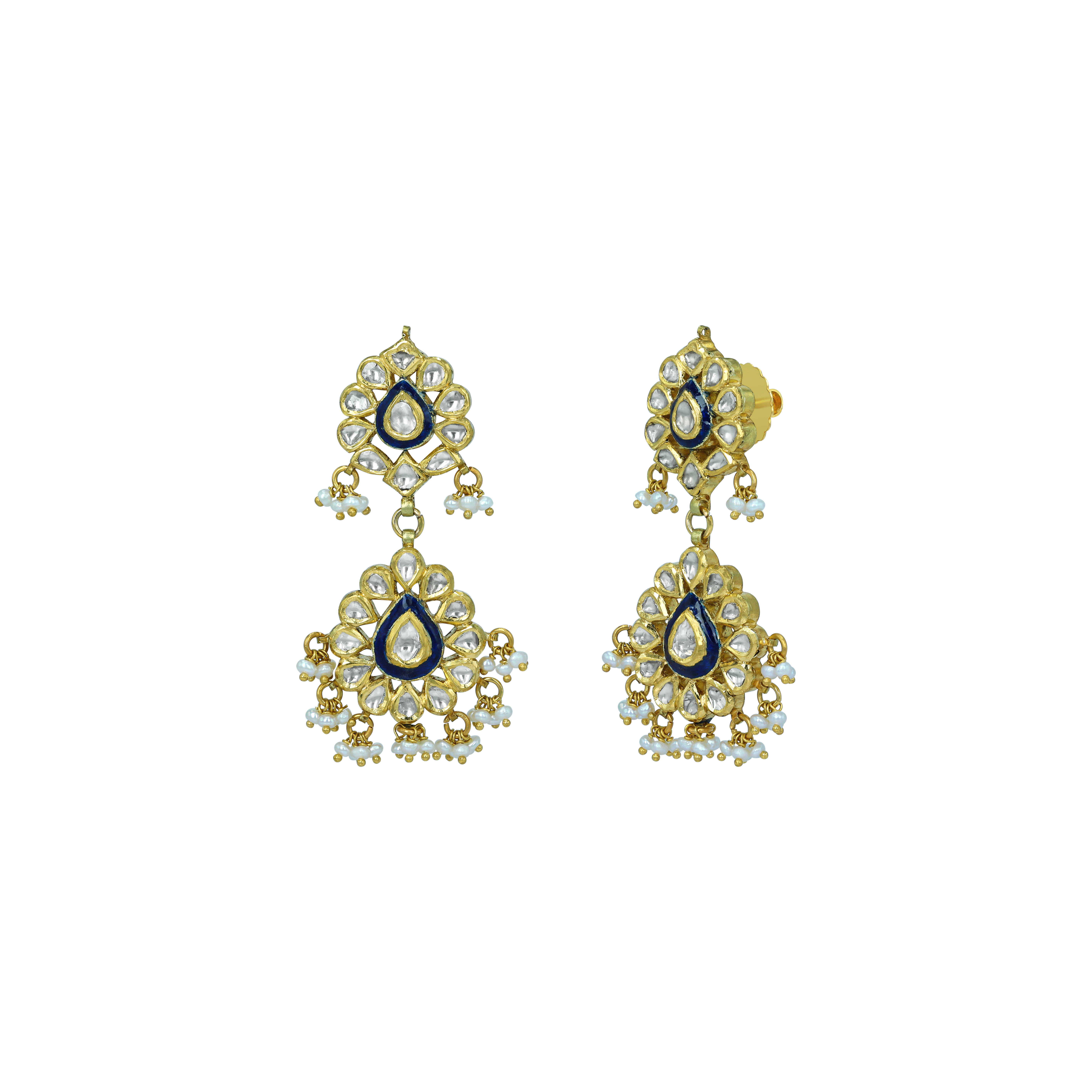 Double-Tier Floral Polki Earrings with Blue Enamel and Drops