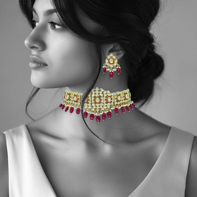 Polki Diamond Choker with Ruby Tumbles and Red Enamel