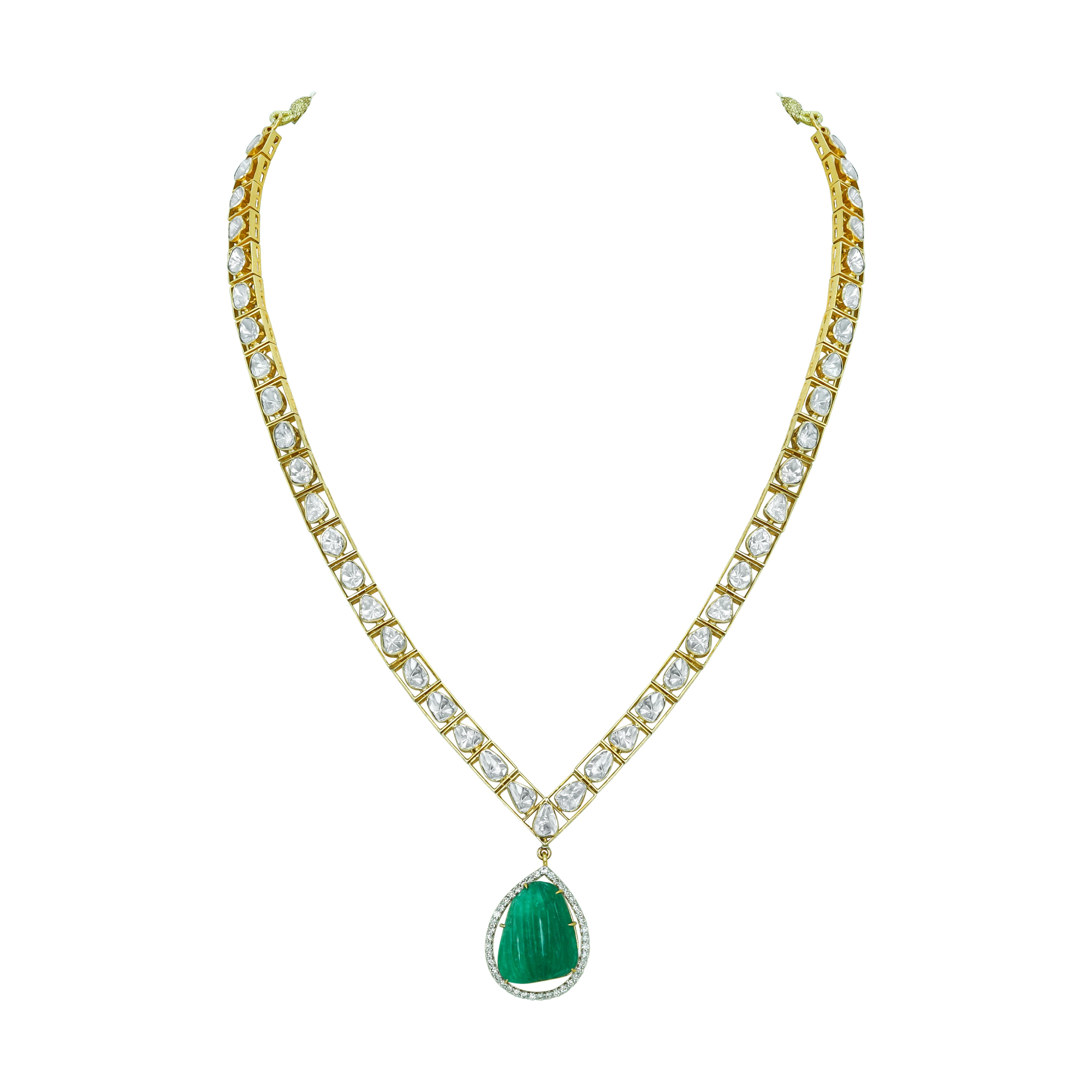 Polki Diamond Necklace with Open Setting and Emerald Teardrop Pendant