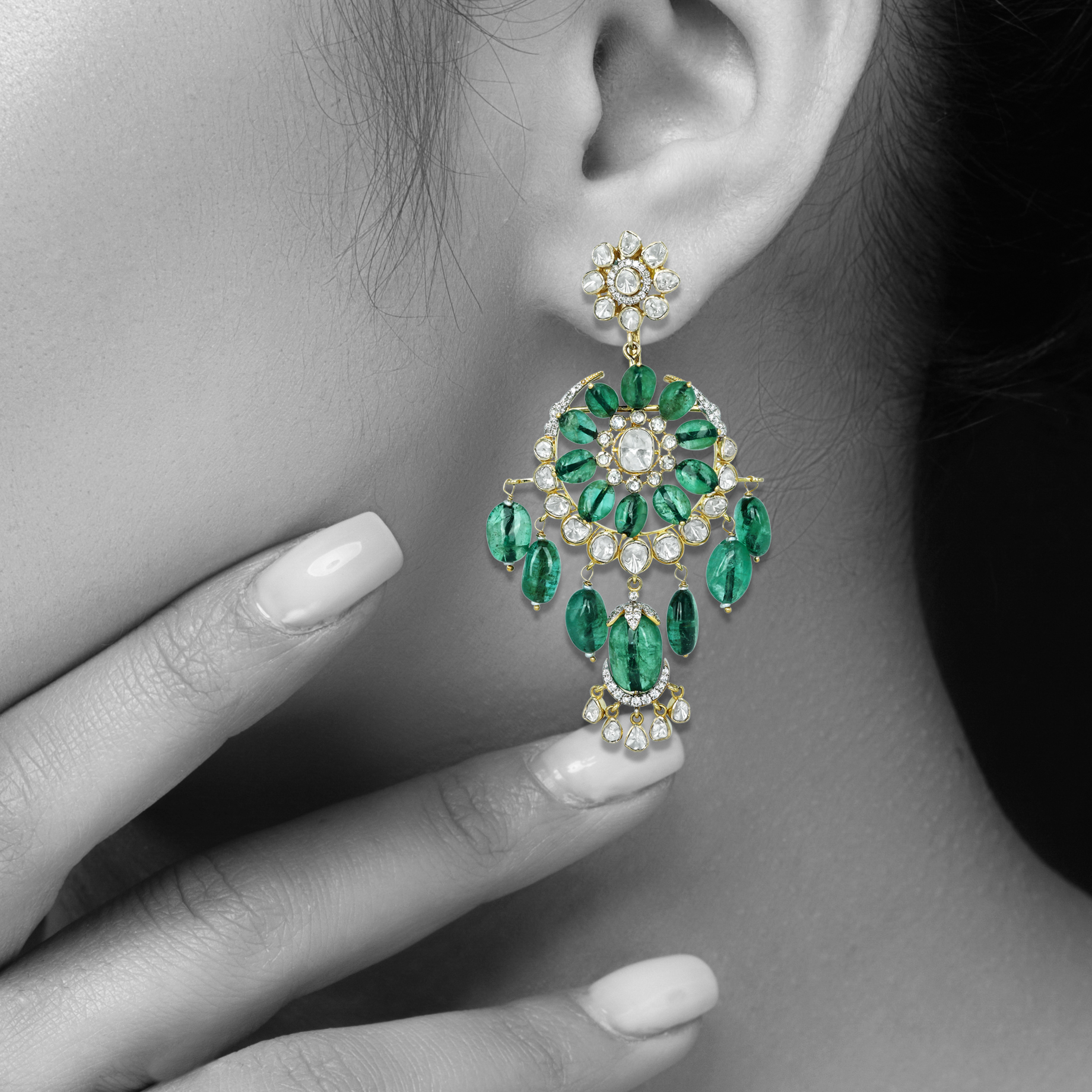 Chandelier Polki Earrings with Emerald Tumble and Floral Motif