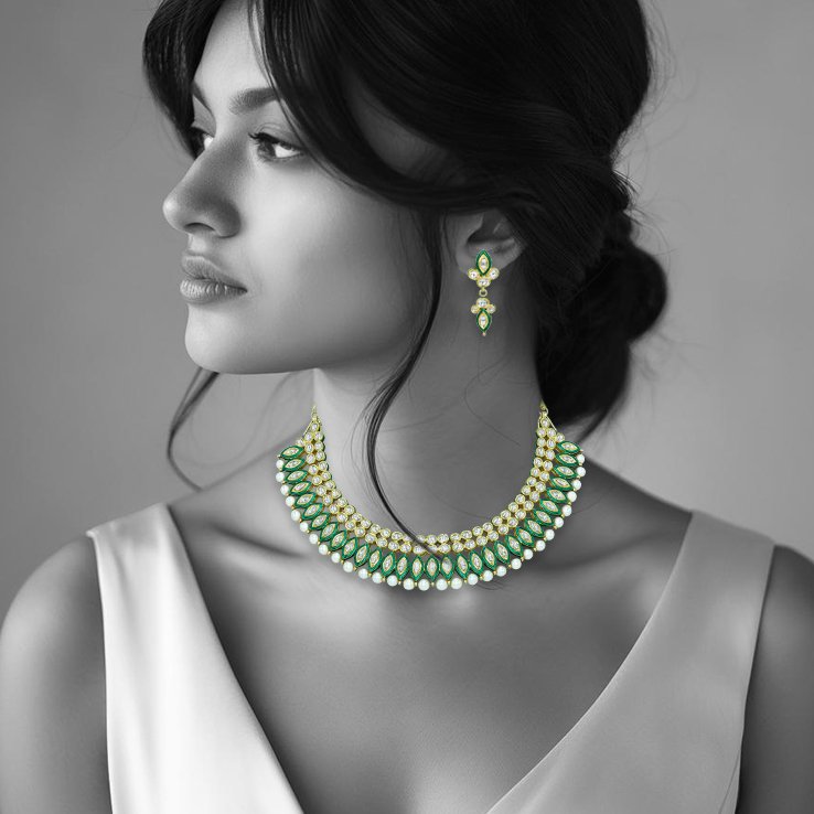 Polki Diamond Necklace with Green Enamel and Pearls