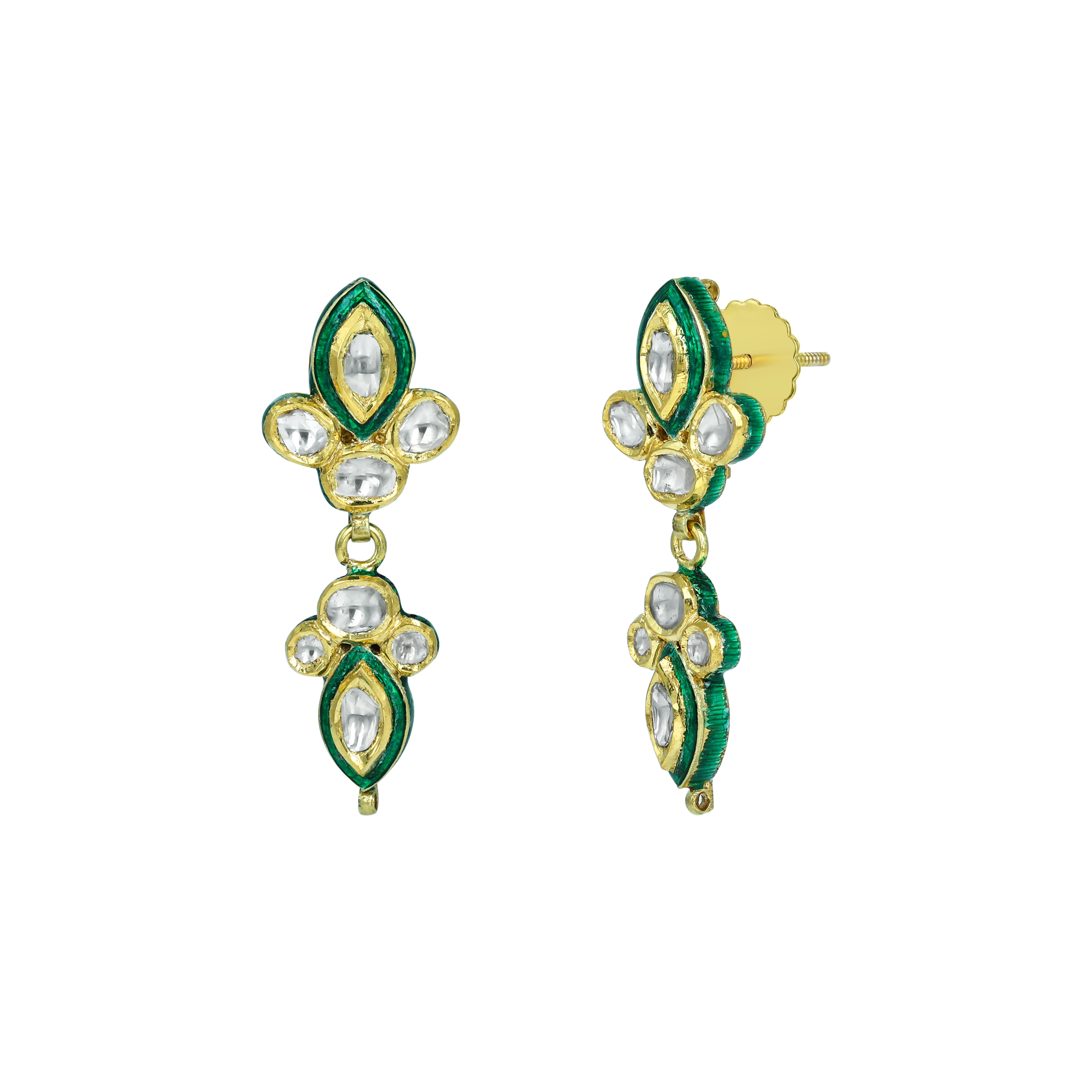 Polki Earrings with Intricate Green Enamel